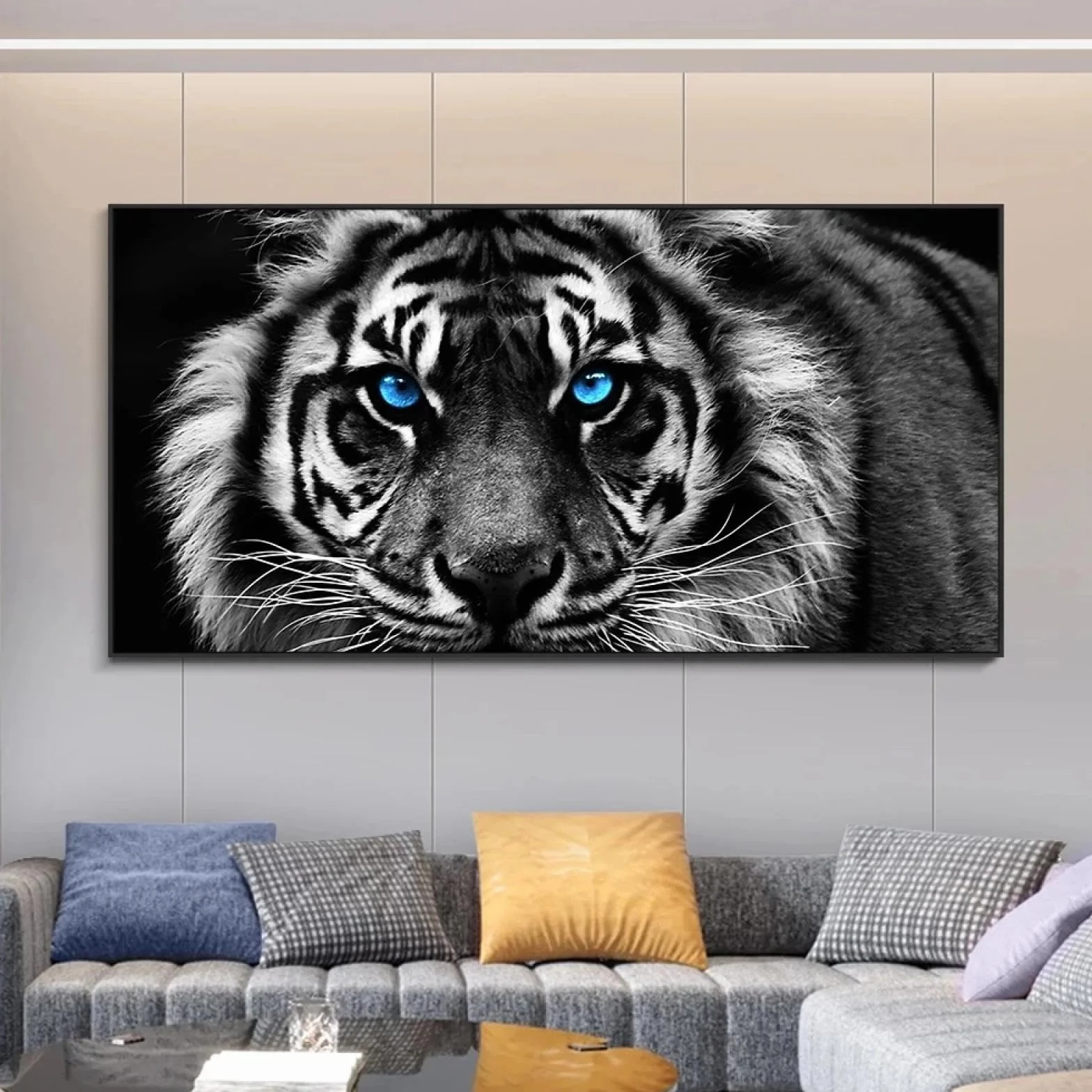 Czarno-biały tygrys głowa obraz na płótnie oprawiony gotowy do powieszenia nowoczesne plakaty i druki zwierząt do salonu dekoracja domu 55 x 110 cm rama wewnętrzna