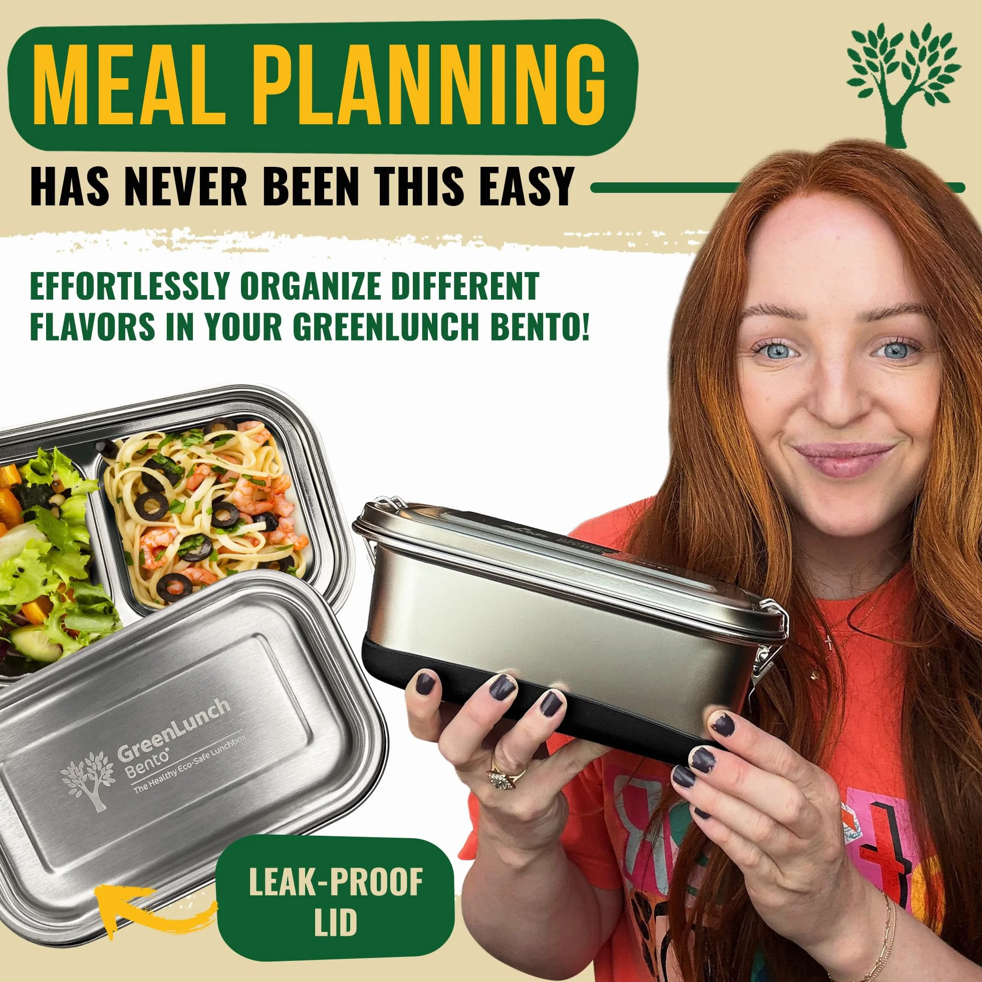 GreenLunch Bento Pudełko Bento ze stali nierdzewnej, bez BPA, z kapsułkami na przekąski, szczelne i odporne na pękanie, pojemnik na lunch dla dorosłych i dzieci, z zatrzaskami, idealne do szkoły i
