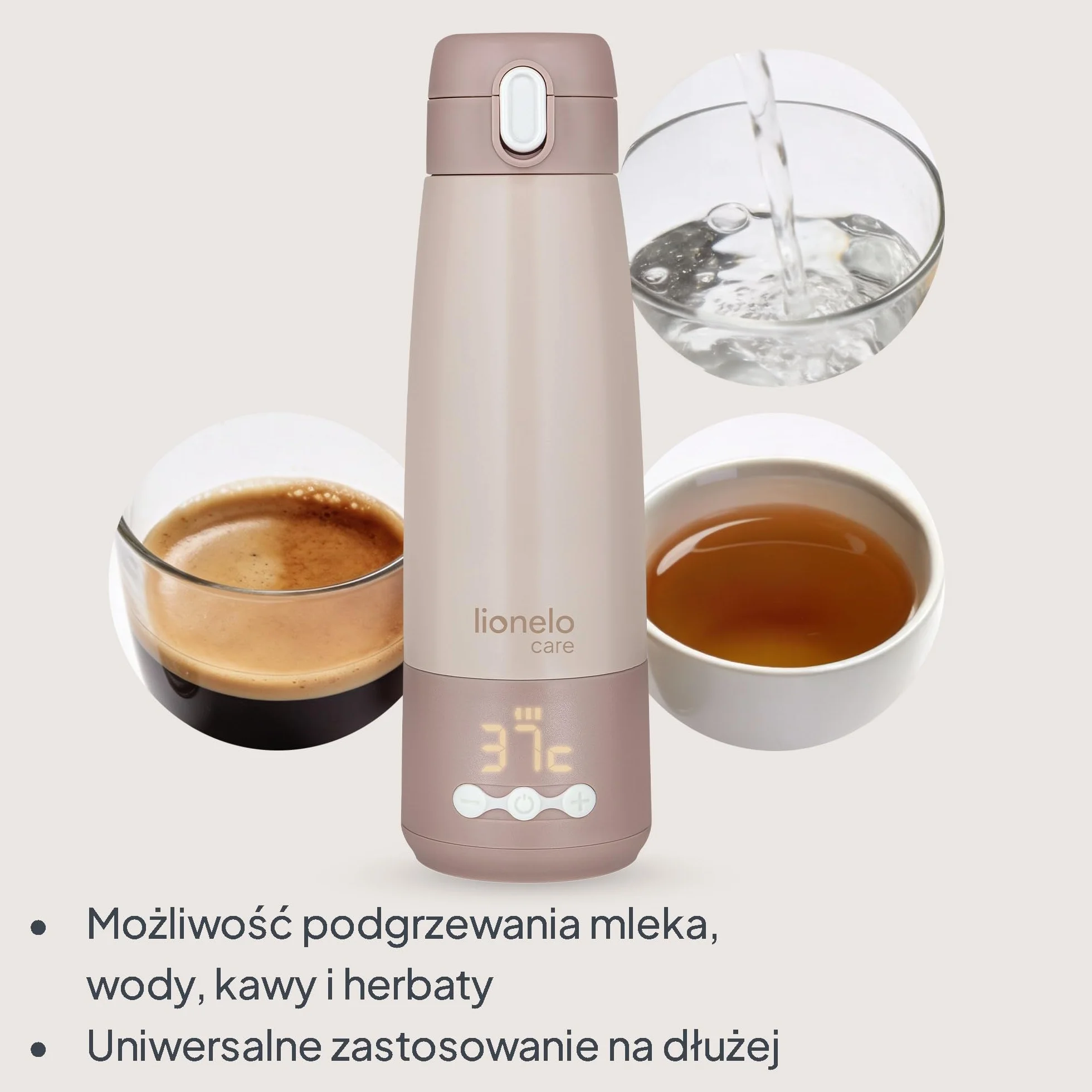 Lionelo Thermup Bottle przenośny podgrzewacz do butelek dla niemowląt, bezprzewodowy, z funkcją ogrzewania, podgrzewa mleko lub wodę w 3,5 min., 37-55 °C, utrzymuje ciepło do 20 h, stal nierdzewna