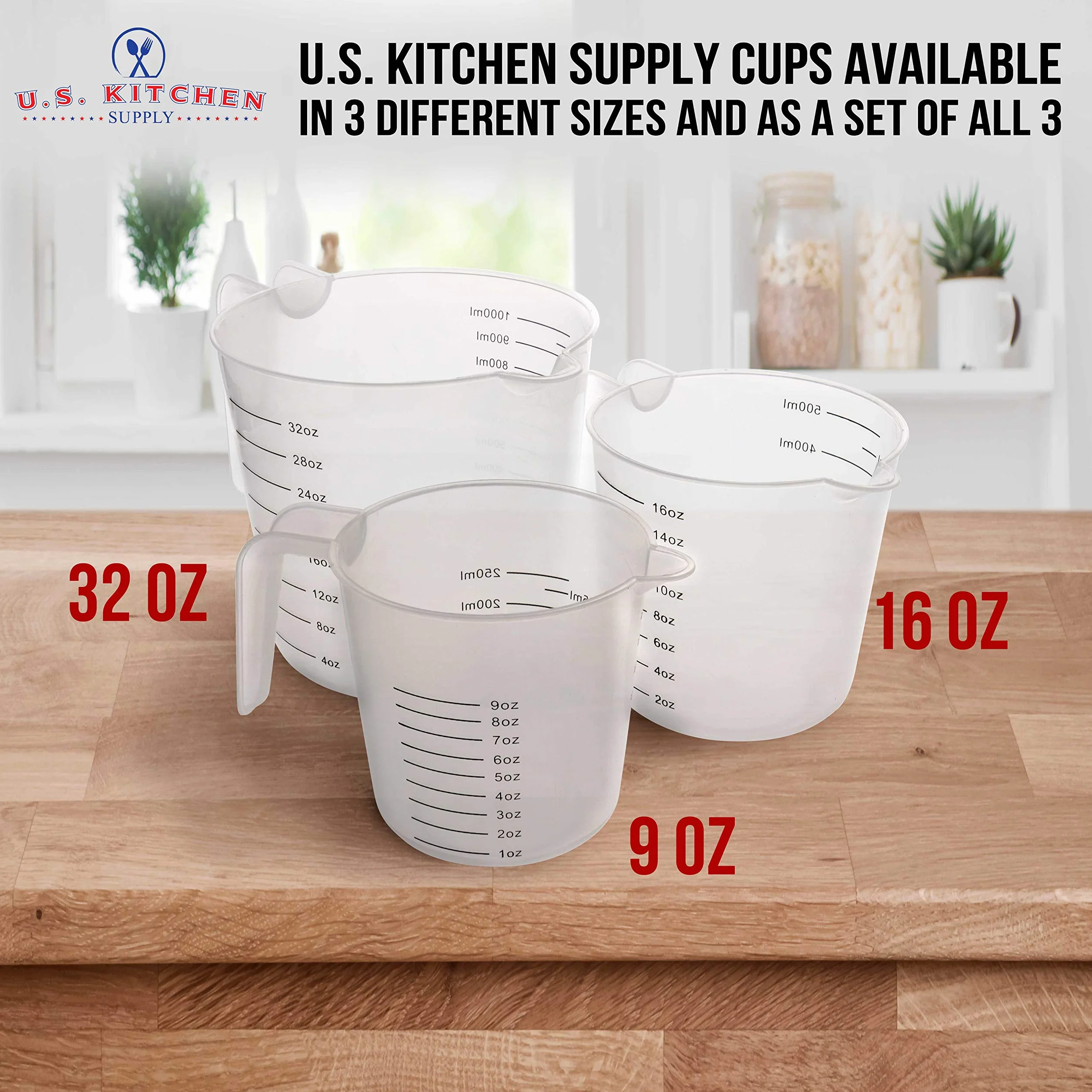 U.S. Kitchen Supply - 1000 ml kubek z miarką z tworzywa sztucznego z uchwytami (6 sztuk) – 4 filiżanki pojemności, uncje i oznaczenia ML Cup – zmierz i mieszaj składniki przepisu, mąkę, wodę