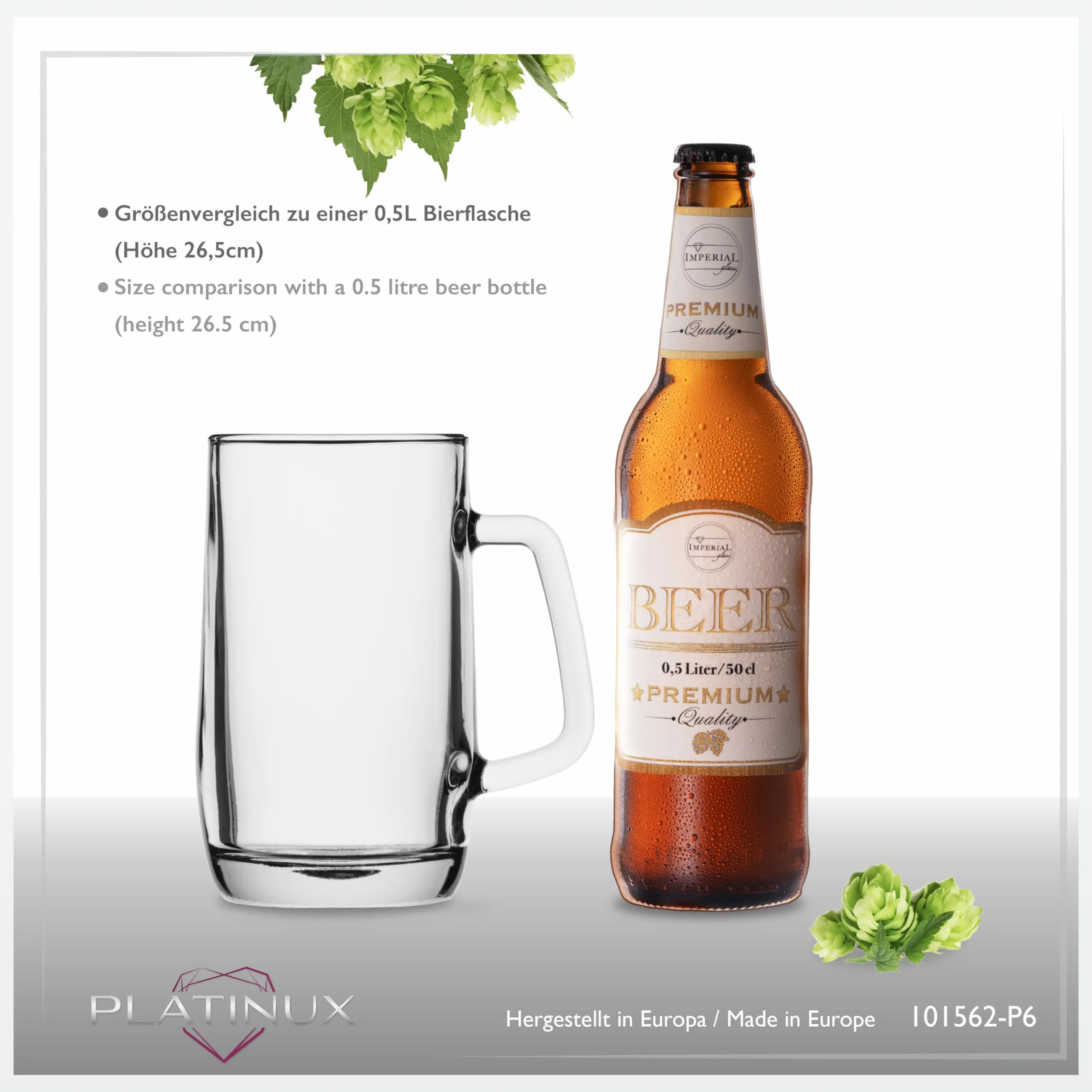 PLATINUX Zestaw 6-częściowy kufel do piwa z uchwytem ze szkła, 500 ml (maks. 580 ml) kufel do piwa kufle do piwa szklanki do piwa 0,5 l kufel do piwa