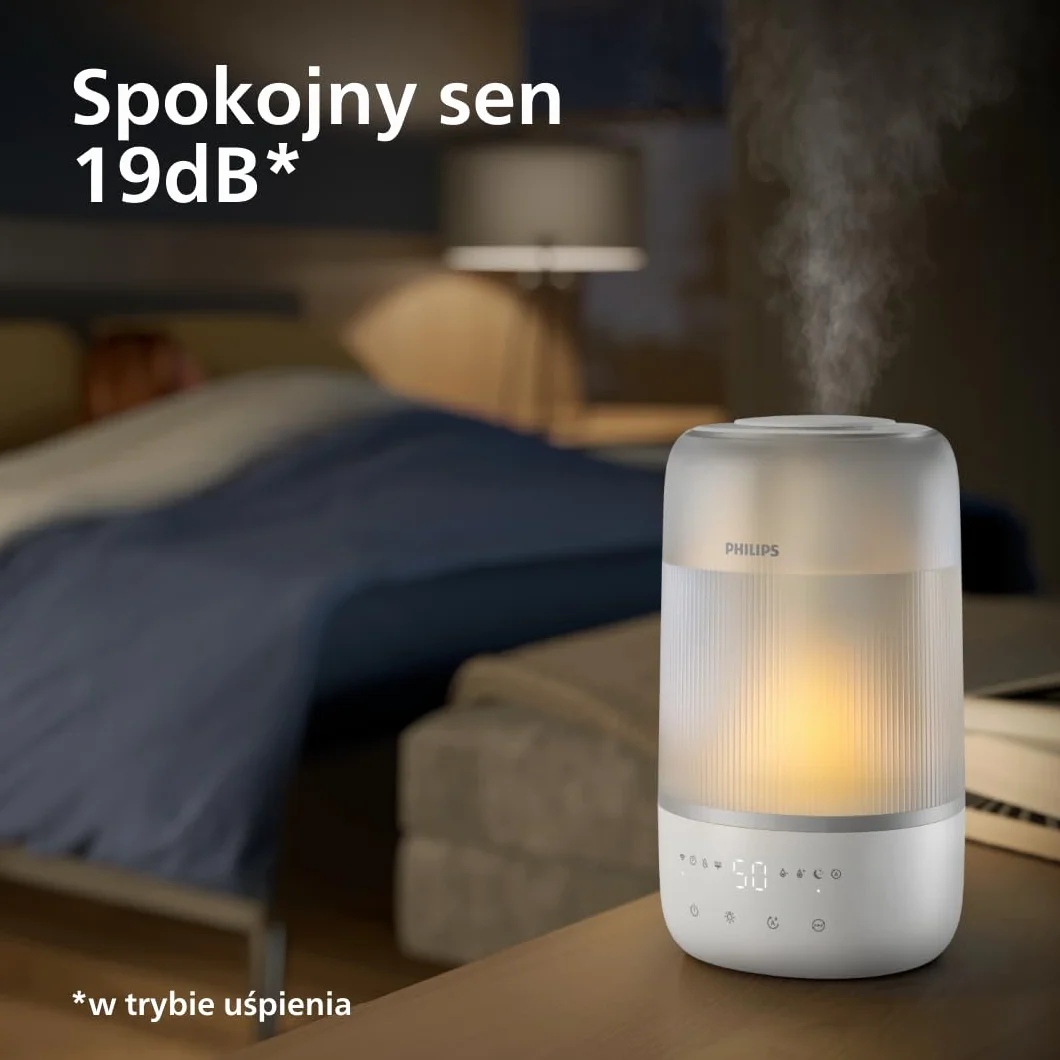 Philips Inteligentny nawilżacz, kompaktowy i mocny, z mgiełką Sky High, czas pracy do 32 godzin, aromaterapia, cichy, z ustawieniem snu i lampką nocną, do pomieszczeń o powierzchni do 38m² (HU1509/00)