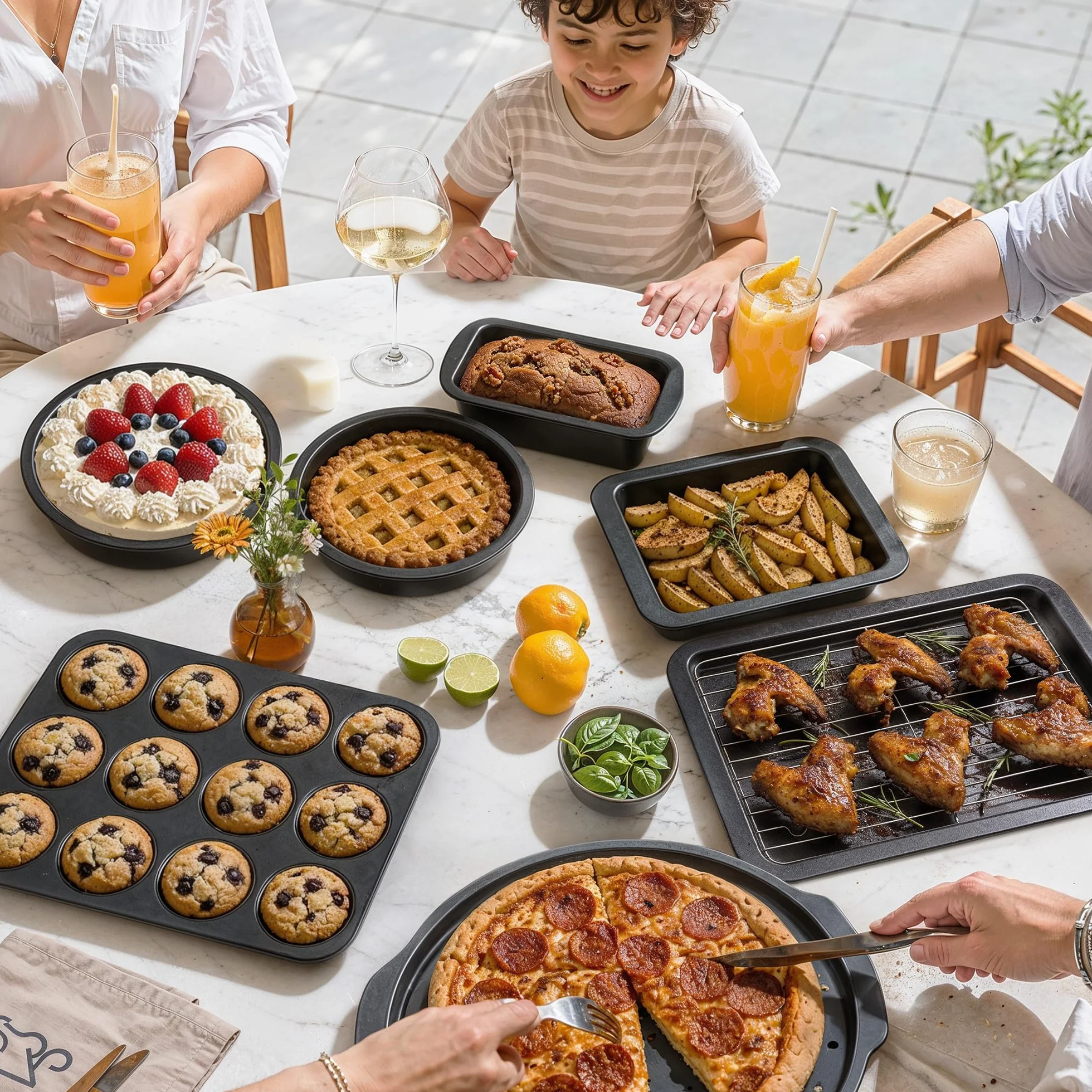 HONGBAKE Zestawy naczyń do pieczenia, zestaw patelni do pieczenia z przyborami kuchennymi, nieprzywierająca patelnia do piekarnika z szerszymi uchwytami, 17 sztuk, w tym stojak, arkusz na ciastka,