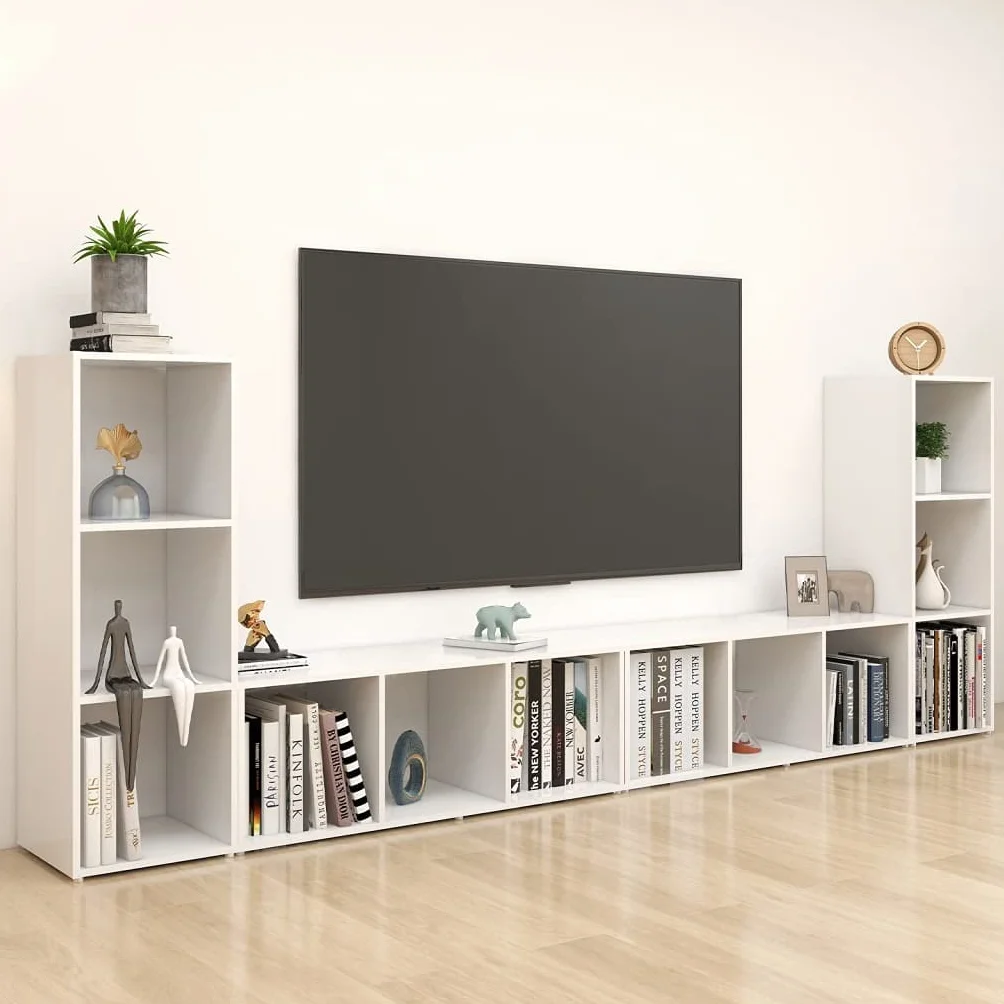 Szafka pod telewizor, zestaw 4 sztuk, biała, 107 x 35 x 37 cm, materiał drewnopochodny, centrum rozrywki do salonu, uniwersalna konsola TV, nowoczesne wzornictwo