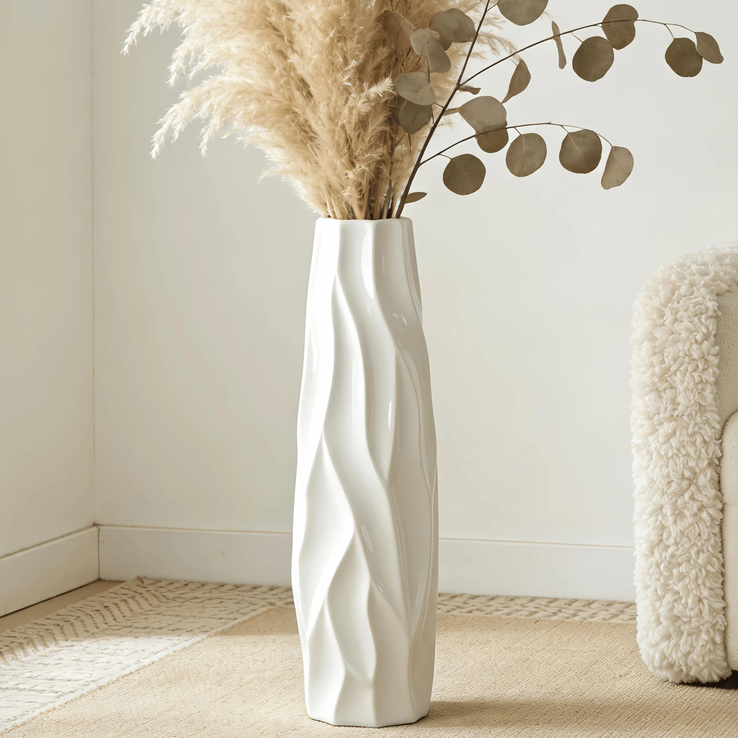 Duży biały wazon ceramiczny, 60 cm, dekoracyjny wazon podłogowy do salonu, biura i sypialni, stylowy wazon na kwiaty na trawę pampasową