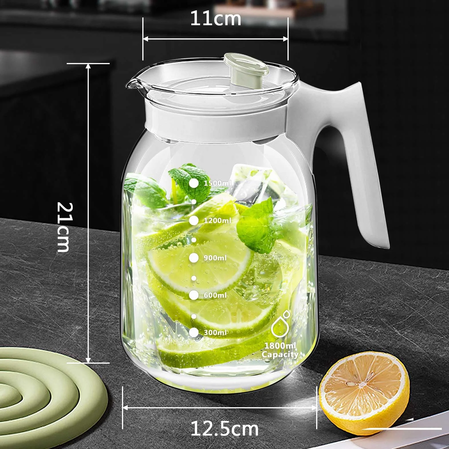 Szklana karafka z pokrywką o pojemności 1,8 l do wody, soków, mrożonej herbaty i nie tylko - szklany dzbanek bez BPA do zimnych, gorących napojów i domowych drinków z wylewką Filtr…