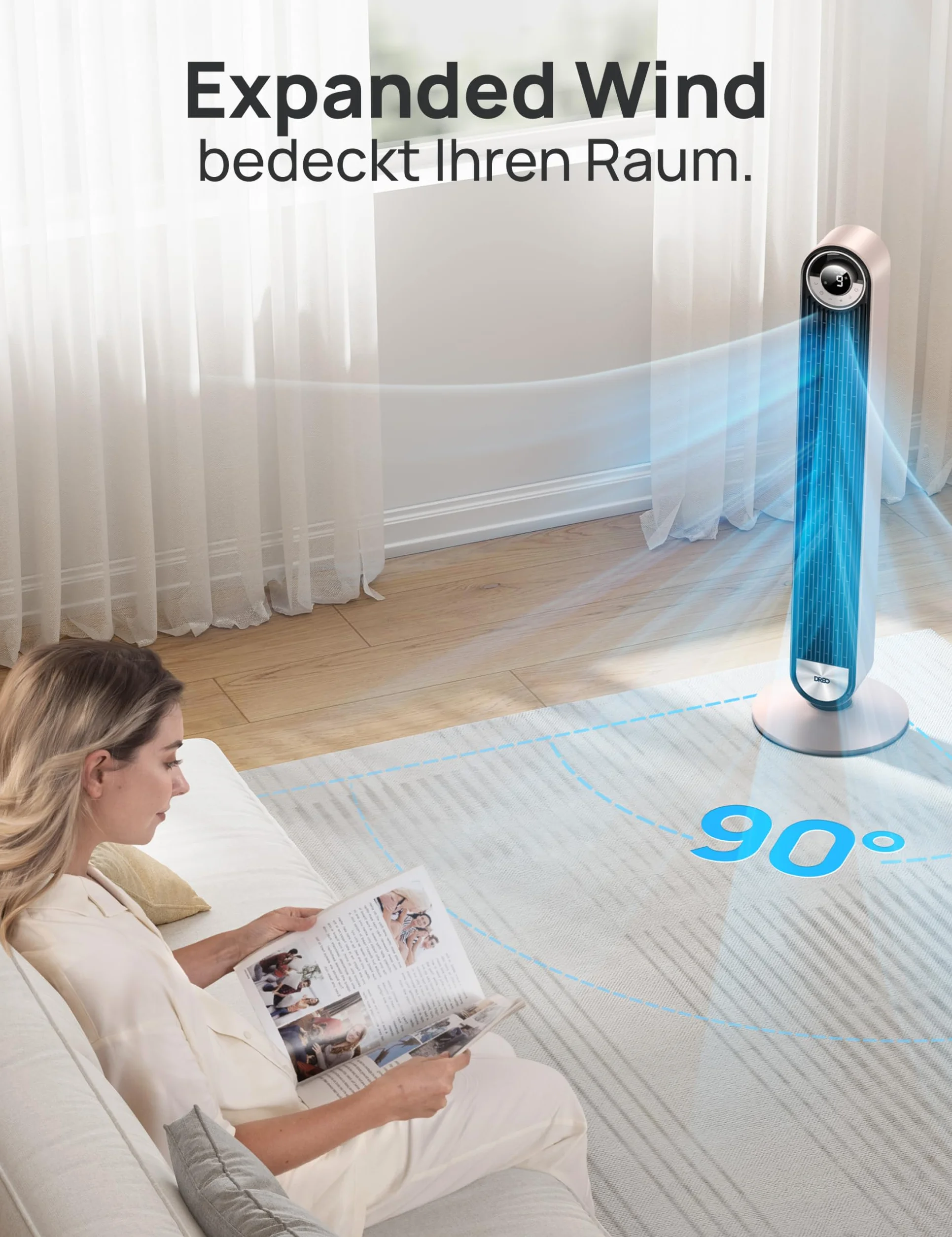 Dreo 42-Calowy Inteligentny Wentylator Wieżowy, 6 Prędkości Chłodzenia, Cichy do Sypialni, Oscylujący 90°, WiFi ze Sterowaniem Głosowym, 12-Godzinny Timer