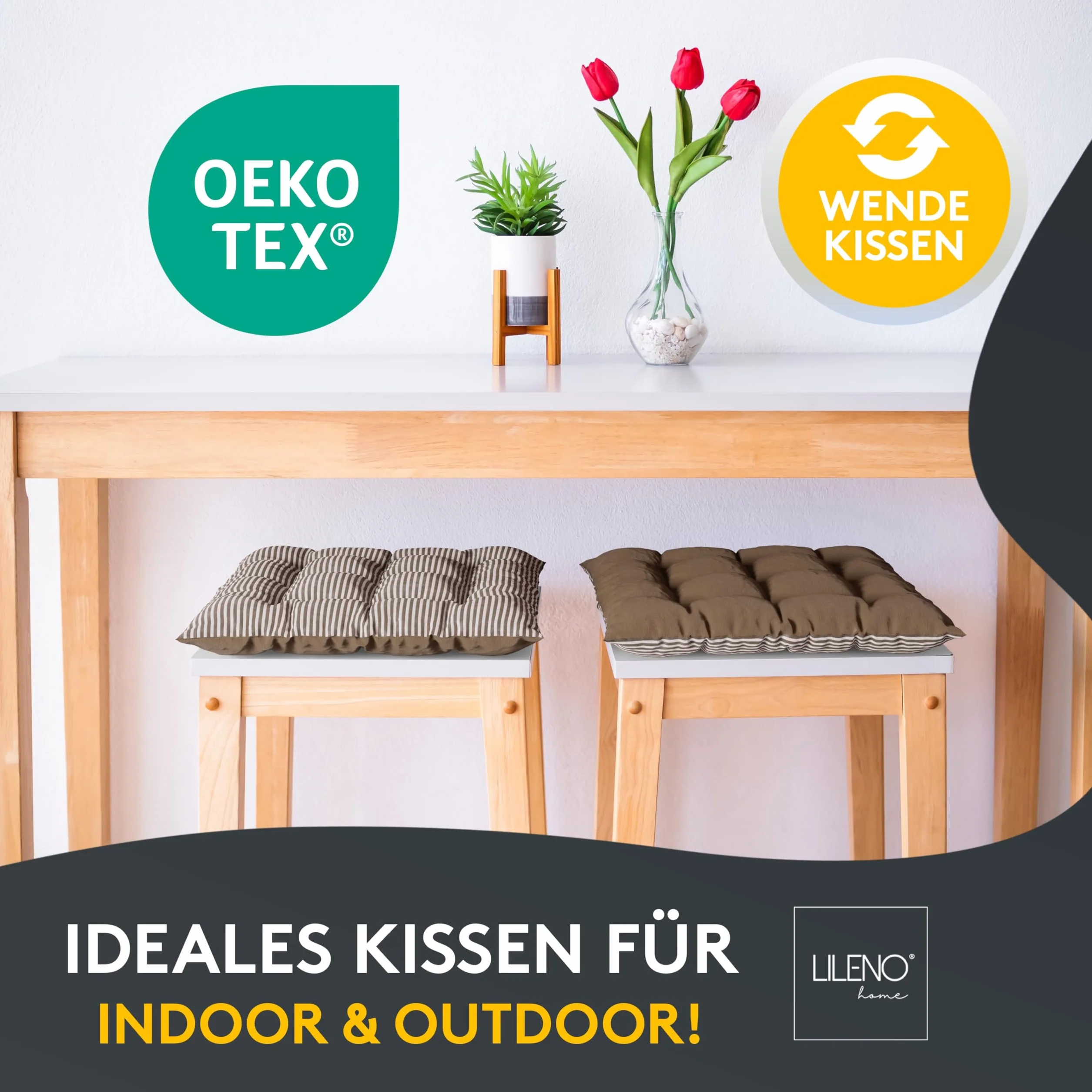 LILENO HOME Zestaw 2 dwustronnych poduszek na krzesło, brązowe (40 x 40 x 6 cm) – poduszki na krzesło ogrodowe, do kuchni lub jadalni – do użytku wewnątrz i na zewnątrz jako poduszka na krzesło (Linda