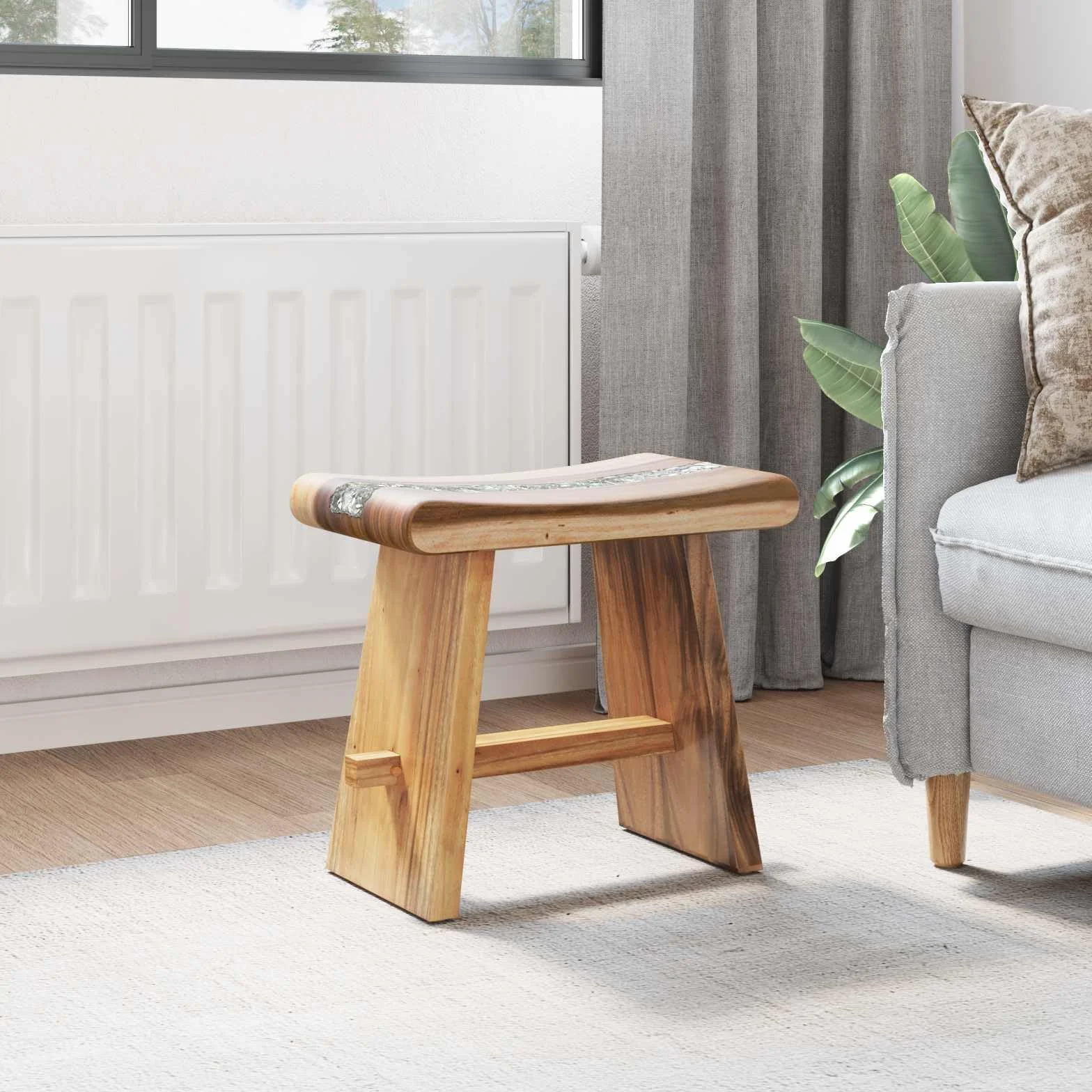 Naturalny taboret prysznicowy, 50 x 30 x 44 cm, z litego drewna suarowego, tacą z żywicy i pękniętym szkłem, nowoczesny design do łazienki, stojak na rośliny lub akcesoria prysznicowe