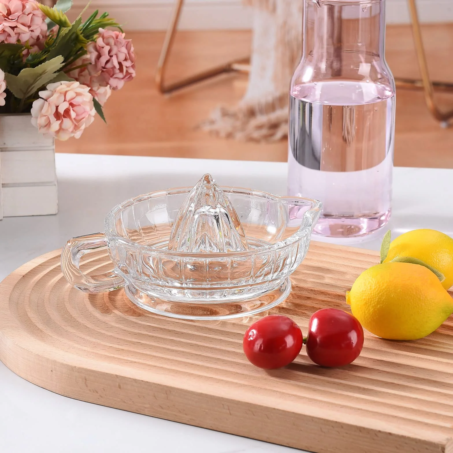 Derefine szklana praska do cytryn, wyciskarka do cytrusów z uchwytem i lejkikiem, mała ręczna praska do pomarańczy, przezroczysta ręczna wyciskarka do pomelo, pomarańczy, cytryny (przezroczysta)
