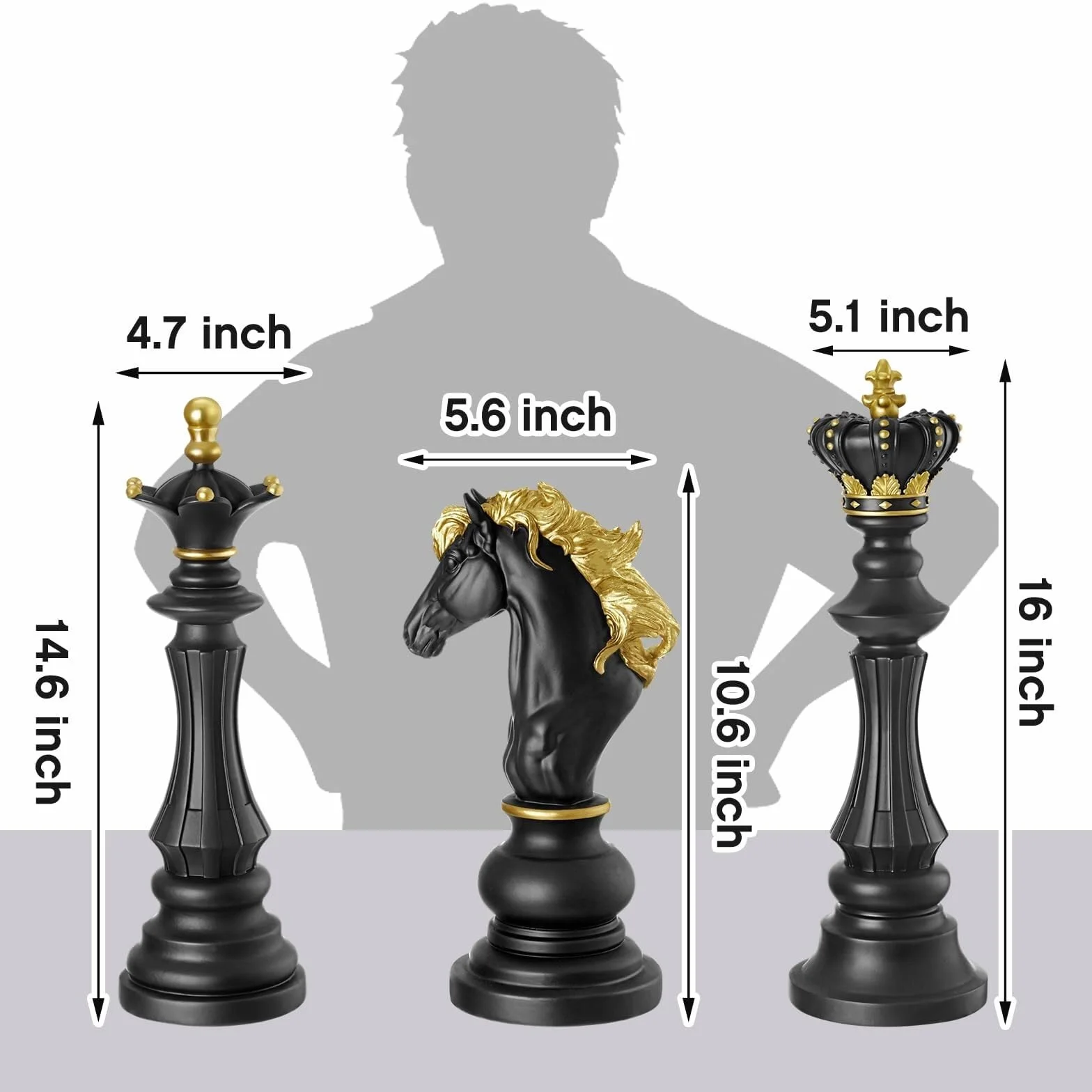 Element centralny stołu, 3 szt., duża statuetka szachowa, zestaw, król, królowa, rycerz, rzeźba, ozdoba, figurka kolekcjonerska, do domu, biura, na stół, prezent, dekoracja regału na