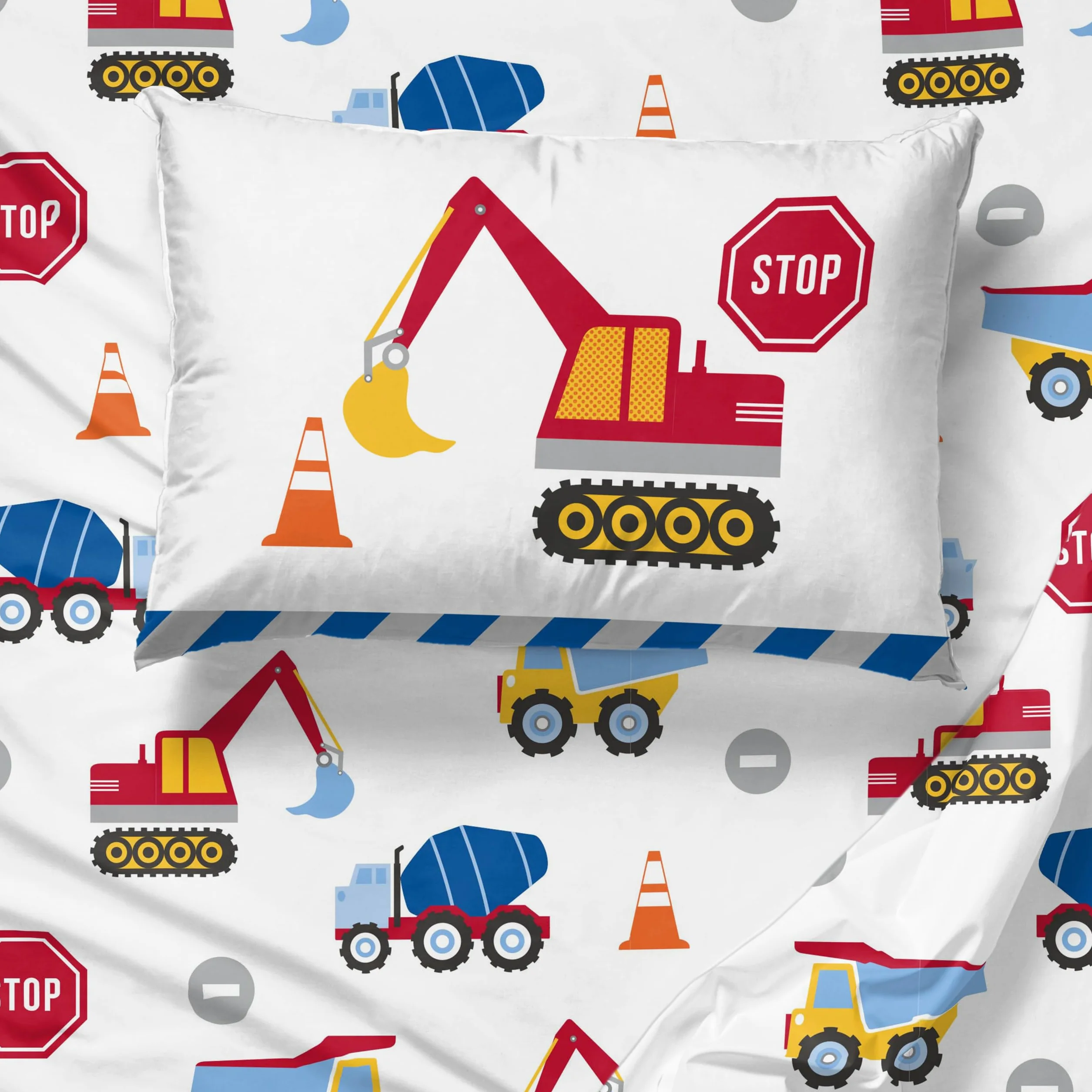 Sunny Side Up Construction Zone zestaw podwójnych prześcieradeł – 3-częściowy zestaw pościeli dla dzieci zawiera poszewkę na poduszkę – super miękkie prześcieradła z mikrofibry do ciężarówek