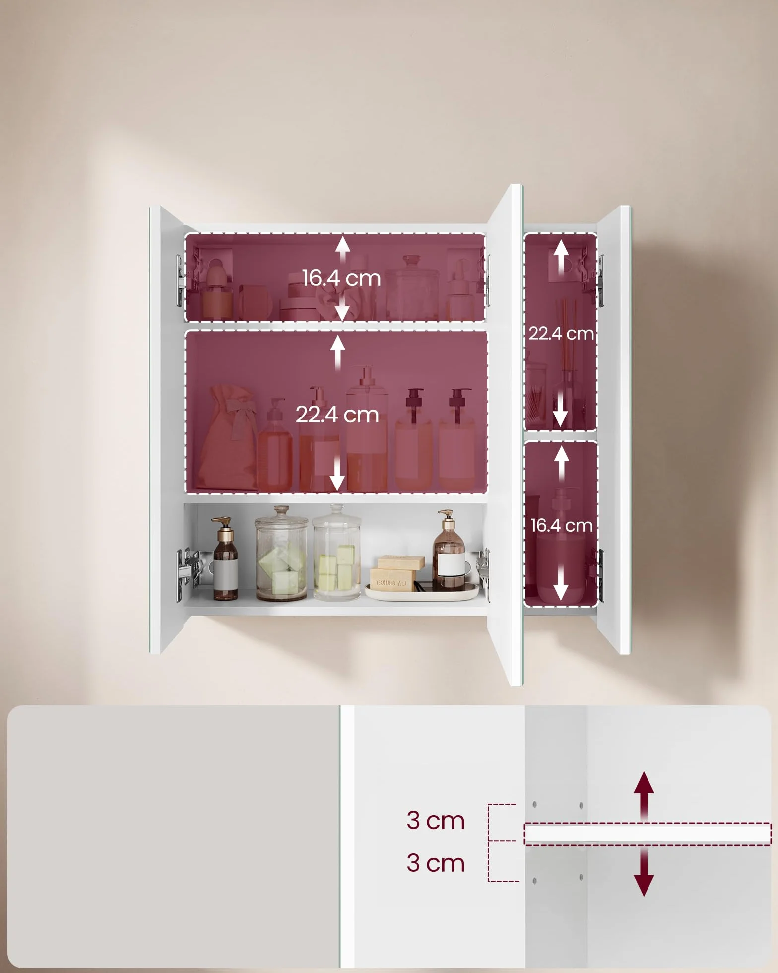 VASAGLE BBK22WT szafka ścienna, łazienka, szafka z lustrem, szafka do przechowywania 3 drzwi, 60 x 15 x 55 cm, z regulowanym regałem, nowoczesna, biała, BBK22WT