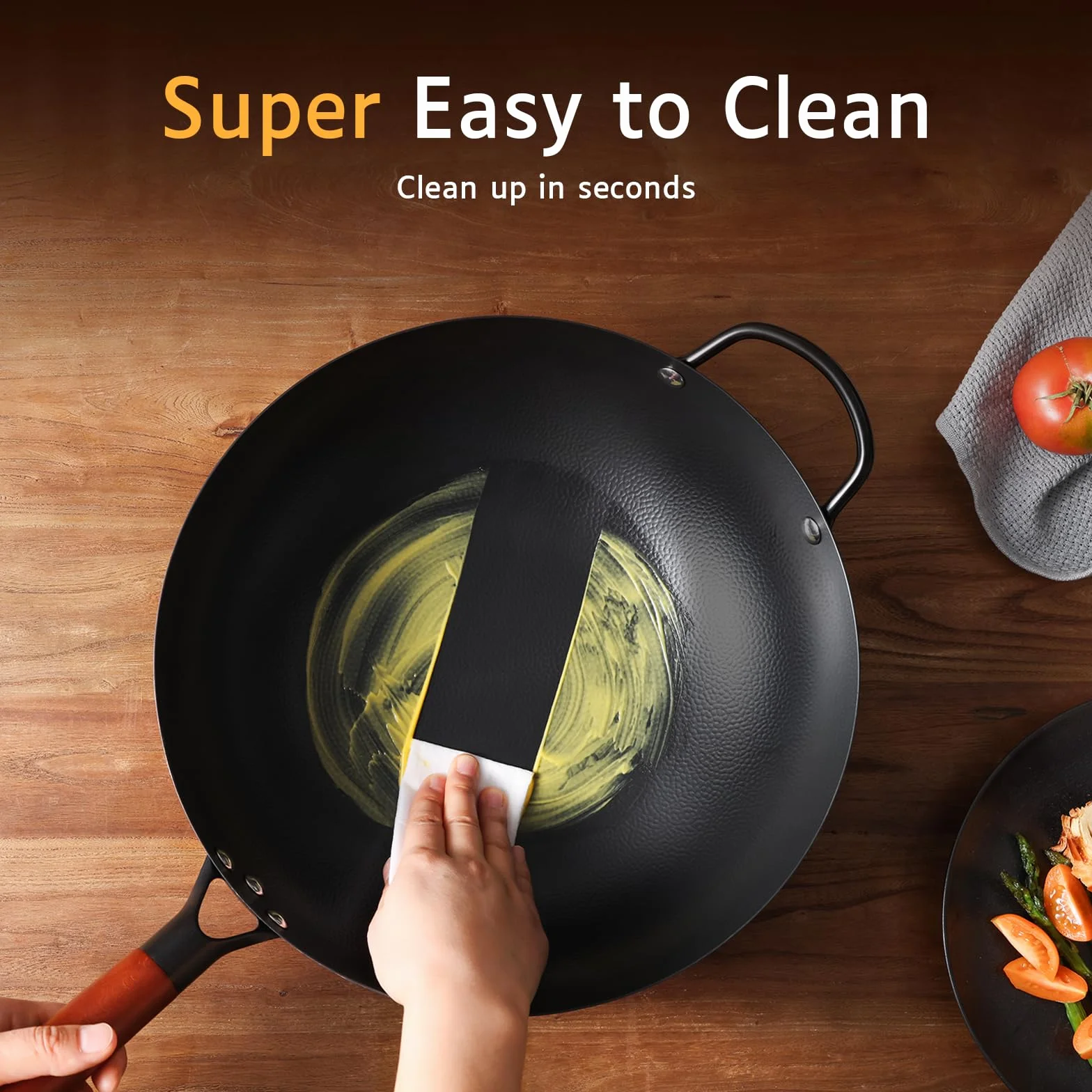 Kordisen Wok ze stali węglowej 32 cm z pokrywką, ergonomiczny drewniany uchwyt, płaskie dno do indukcji i gazu, naturalna nieprzywierająca, duża pojemność dla 3-6 osób, idealny do kuchni azjatyckiej