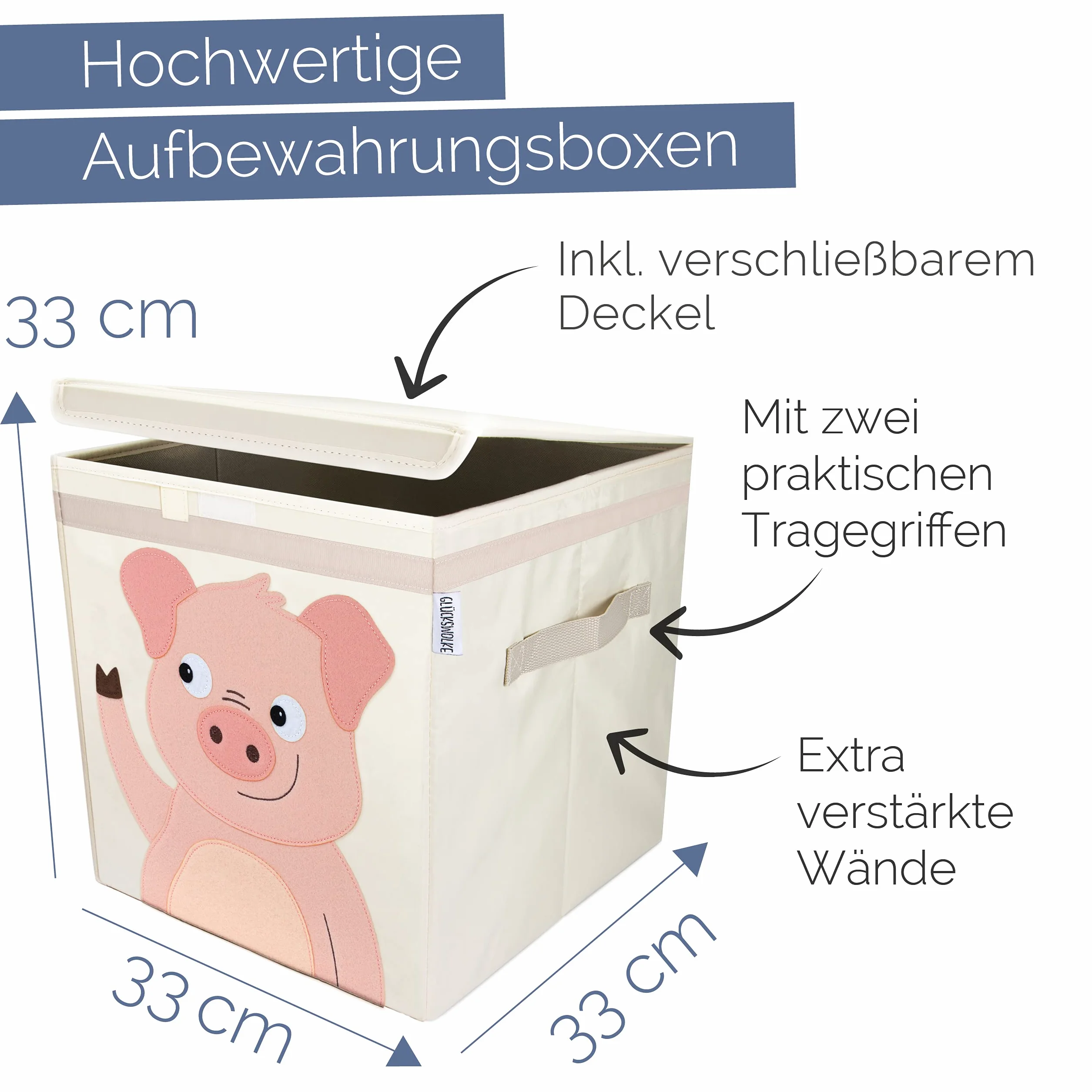 GLÜCKSWOLKE Pudełko do przechowywania dla dzieci – 15 motywów I skrzynka na zabawki z pokrywką do pokoju dziecięcego I pudełko na zabawki (33x33x33) I gospodarstwo rolne świnka (świnia)