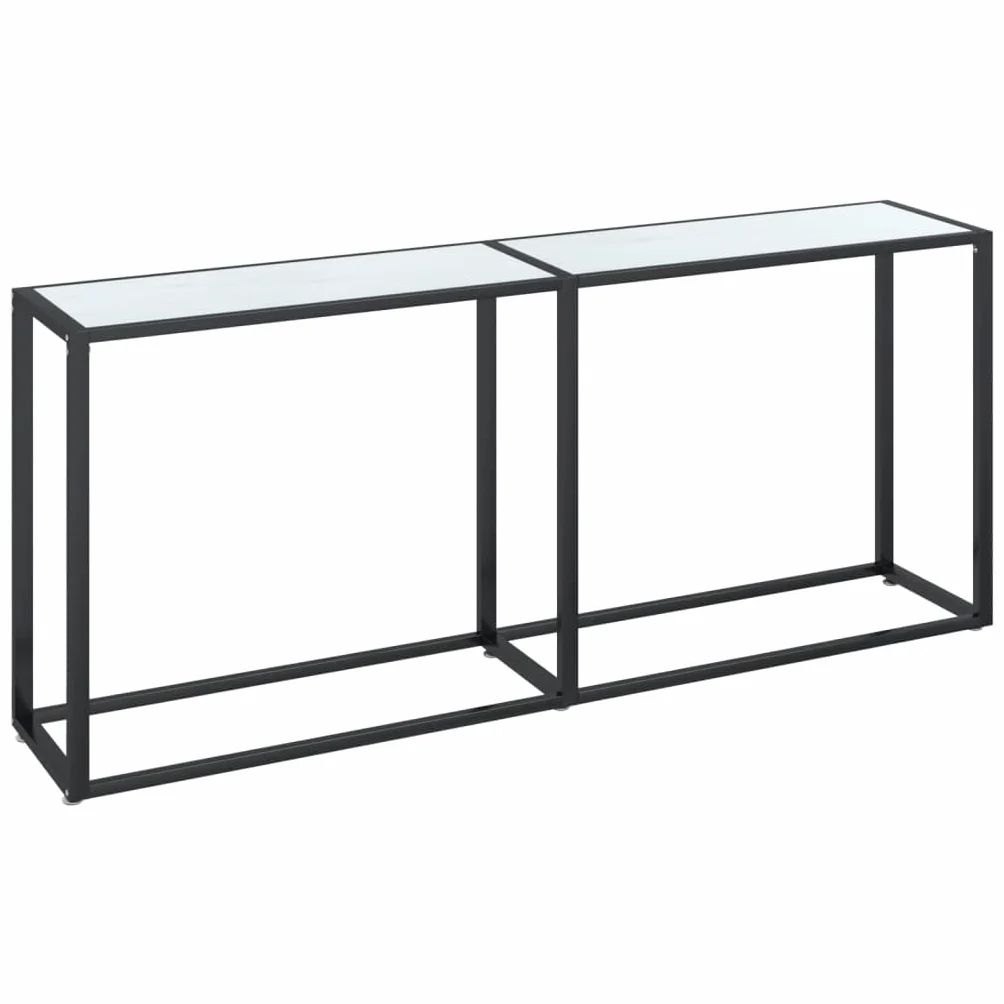Stolik konsolowy, biały, wygląd marmuru, 180 x 35 x 75,5 cm, szkło hartowane, stal malowana proszkowo, nowoczesny stolik pomocniczy do salonu, korytarza, przedpokoju