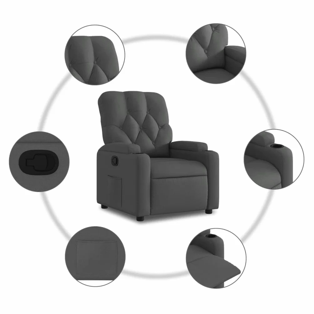 Fotel relaksacyjny, ciemnoszary, materiał z regulowanym oparciem i podnóżkiem, ergonomiczny fotel tapicerowany z drewnianą i metalową ramą, idealny do relaksu, czytania i oglądania telewizji