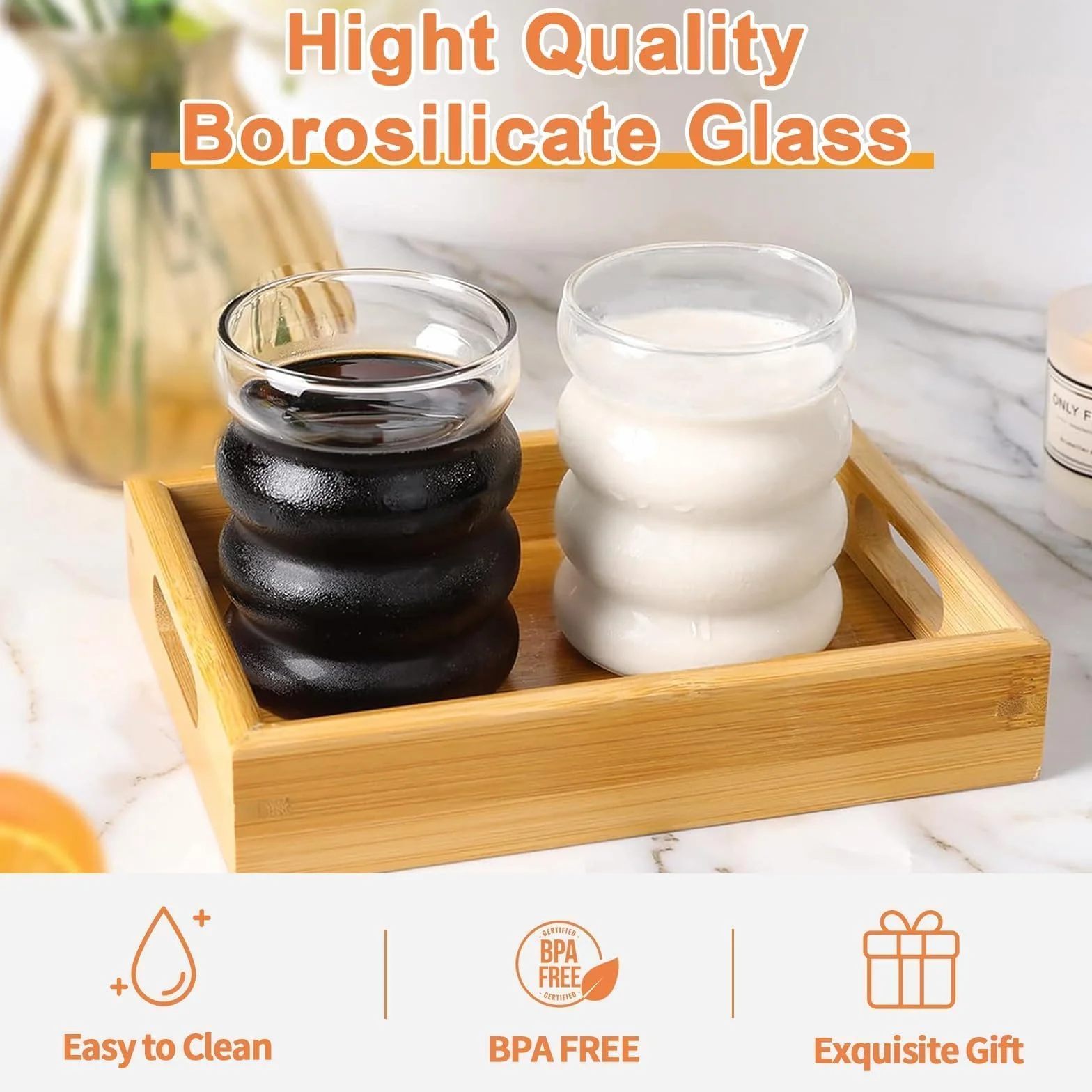 Bubble szklanki 350 ml ze słomką, zestaw 4 żebrowanych szklanek | Do Latte Macchiato, kawy mrożonej, whisky, koktajli, jogurtu, kawy z sodą – żebrowane szklanki 350 ml ze słomką, zestaw 4