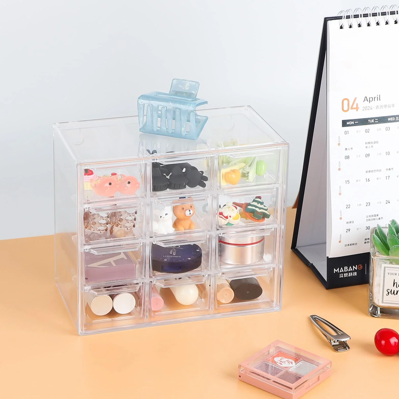 2 szt. Przezroczysty mini organizer szuflad małe szuflady do przechowywania do układania w stosy pudełko do przechowywania na biurko do makijażu, biżuteria, materiały biurowe i rzemieślnicze