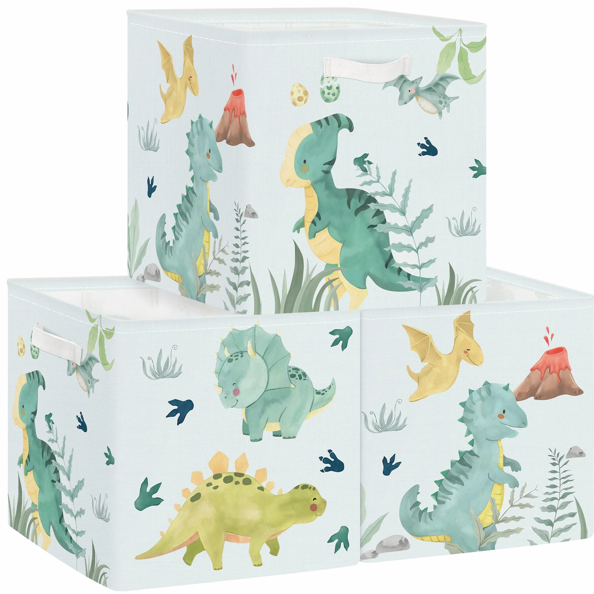 Clastyle 3 sztuki dinozaurów pudełko do przechowywania z materiału do Kallax, składany kosz do przechowywania, mała szafka, organizer, szafa na ubrania na regał, wulkany, 30 x 30 x 30 cm