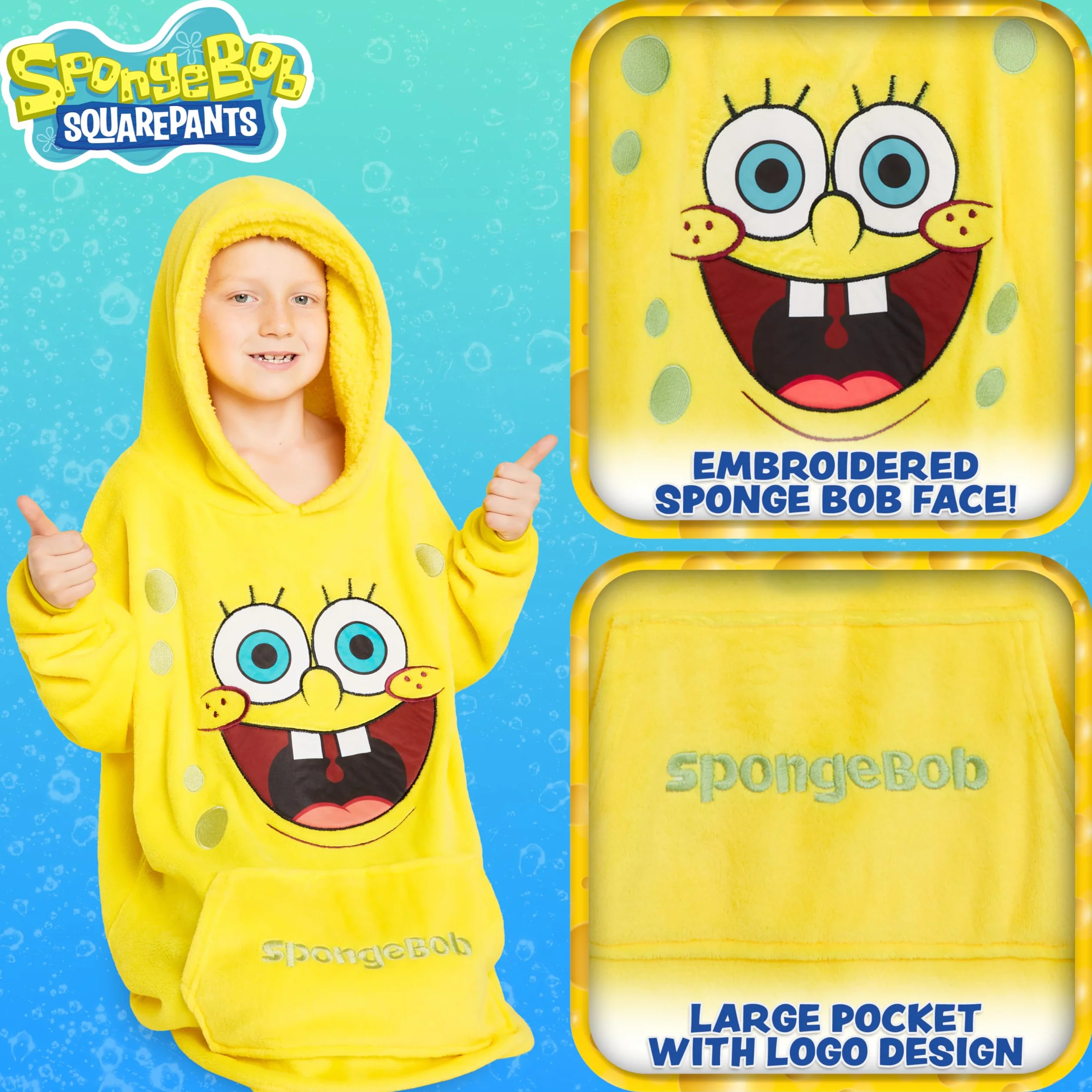 SPONGEBOB SQUAREPANTS Koc z Kapturem dla Dzieci Ponczo z Polaru dla Dziewczynek Chłopcy Nastolatki - Jeden Rozmiar Miękki Polarowy Koc z Kapturem - Oficjalne Prezenty dla Dzieci Żółty