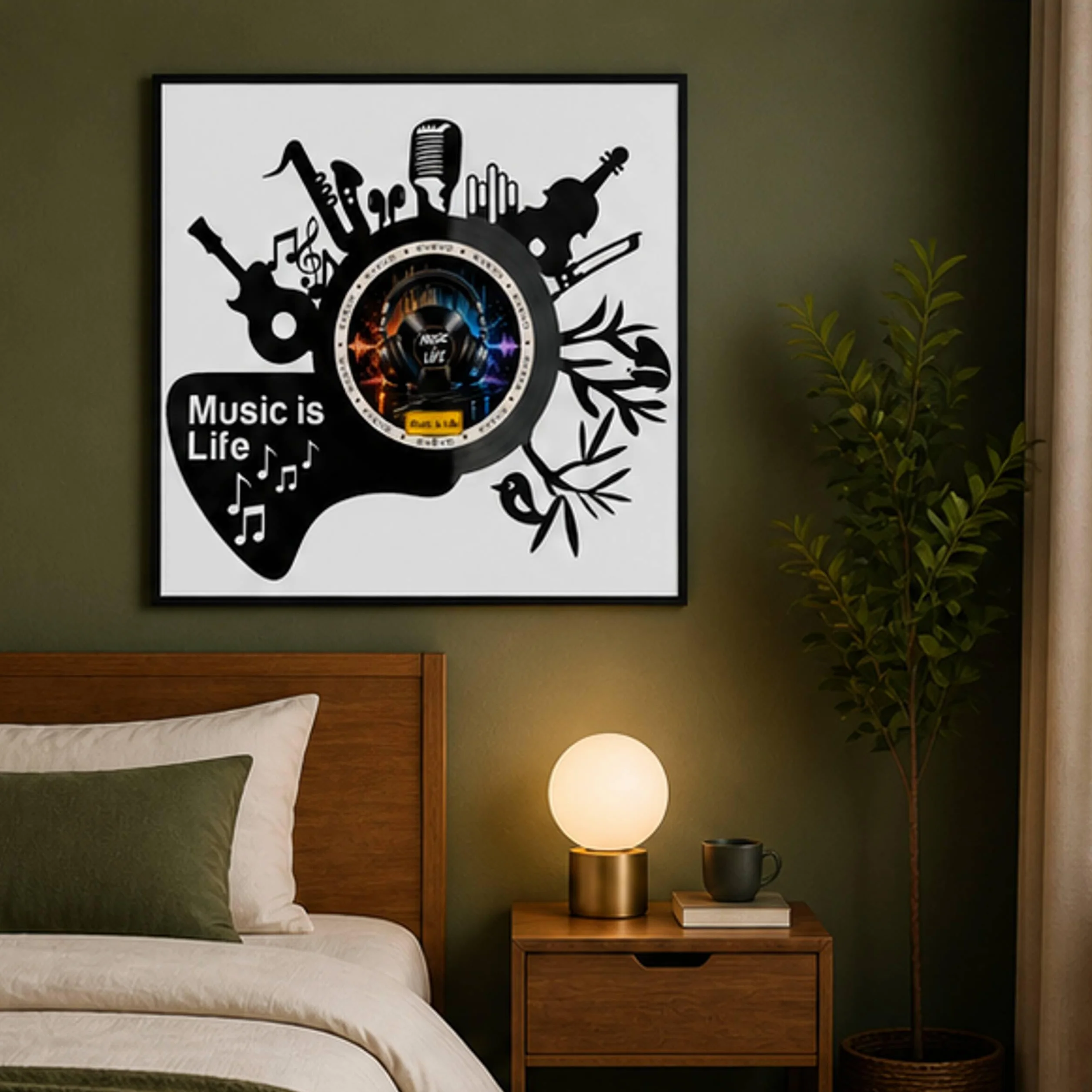 EVEVO Dekoracja ścienna z płyty gramofonowej w ramie 32 x 32 cm Music is Life - winylowa sztuka ścienna, prezent dla muzyków, melomanów audiofilów