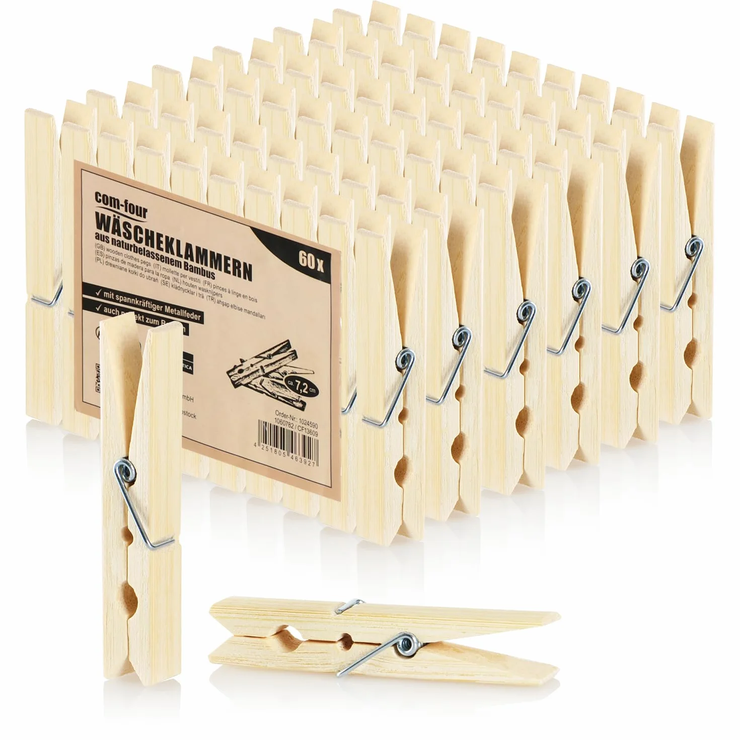 COM-FOUR® 60x Bambusowe klamerki do ubran - zrównowazone drewniane klamerki - klamerki do wieszania prania, rekodziela, dekoracji - klamerki bambusowe (Bambus - 60 sztuk)