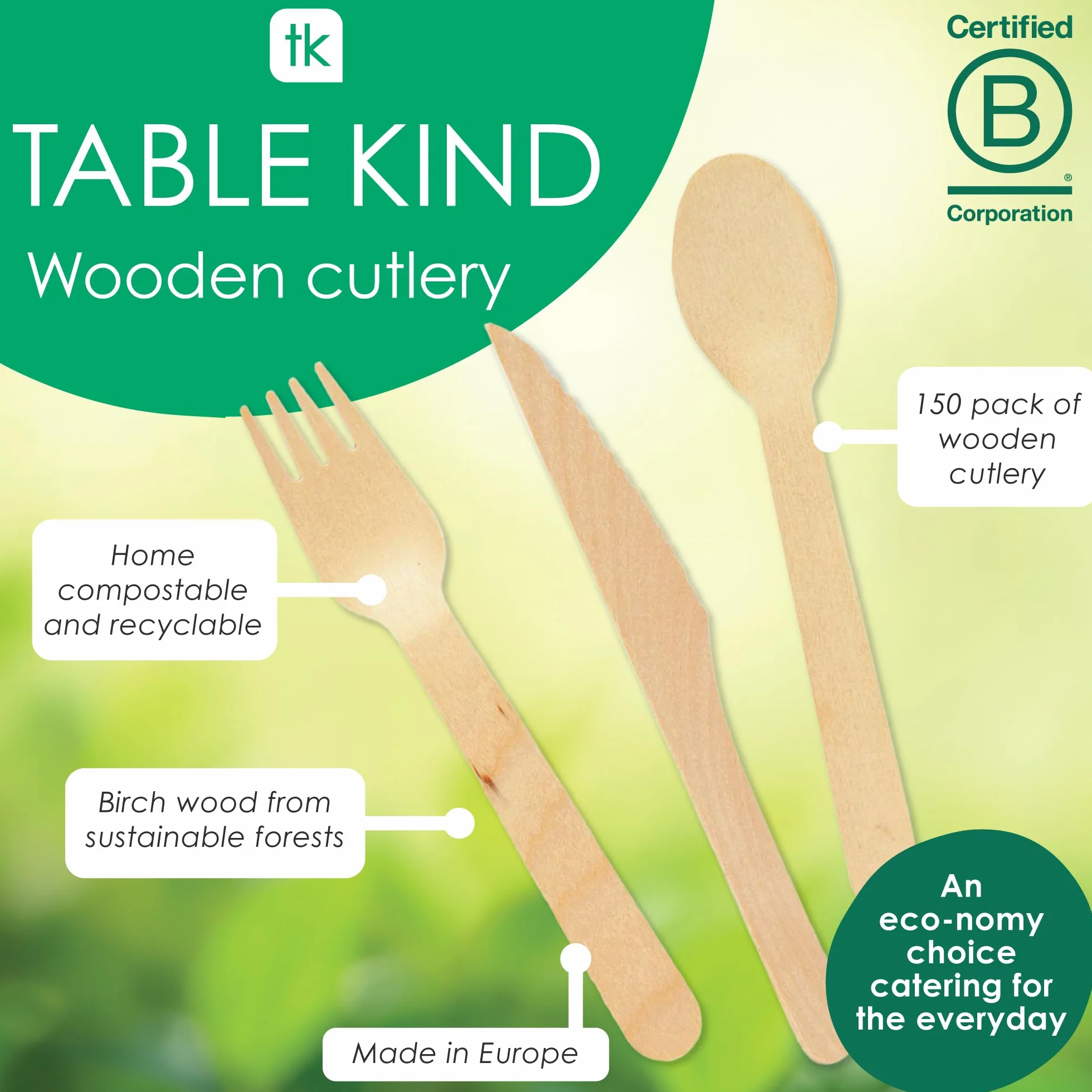 Table Kind 150 x biodegradowalne drewniane sztućce, noże, widelce, łyżki, urodziny, Boże Narodzenie, kemping, piknik lub grill, catering, przybory kuchenne 17 cm