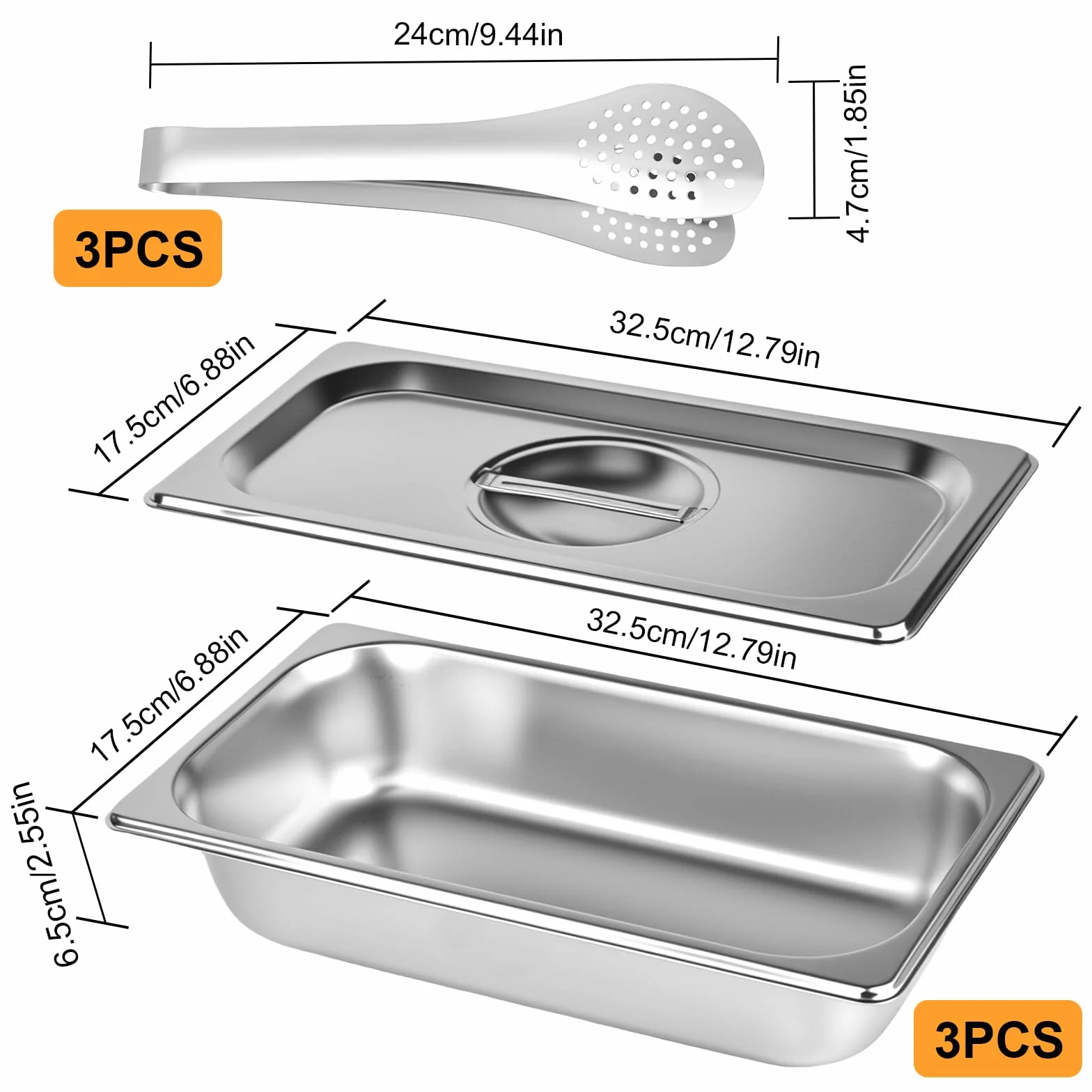 3-częściowy zestaw misek do panierowania, 32,5 x 17,5 x 6,5 cm, pojemnik GN 1/3, prostokątny metalowy pojemnik gastronomiczny z pokrywką ze stali nierdzewnej na kotlety (dostarczane z 3 klipsami ze