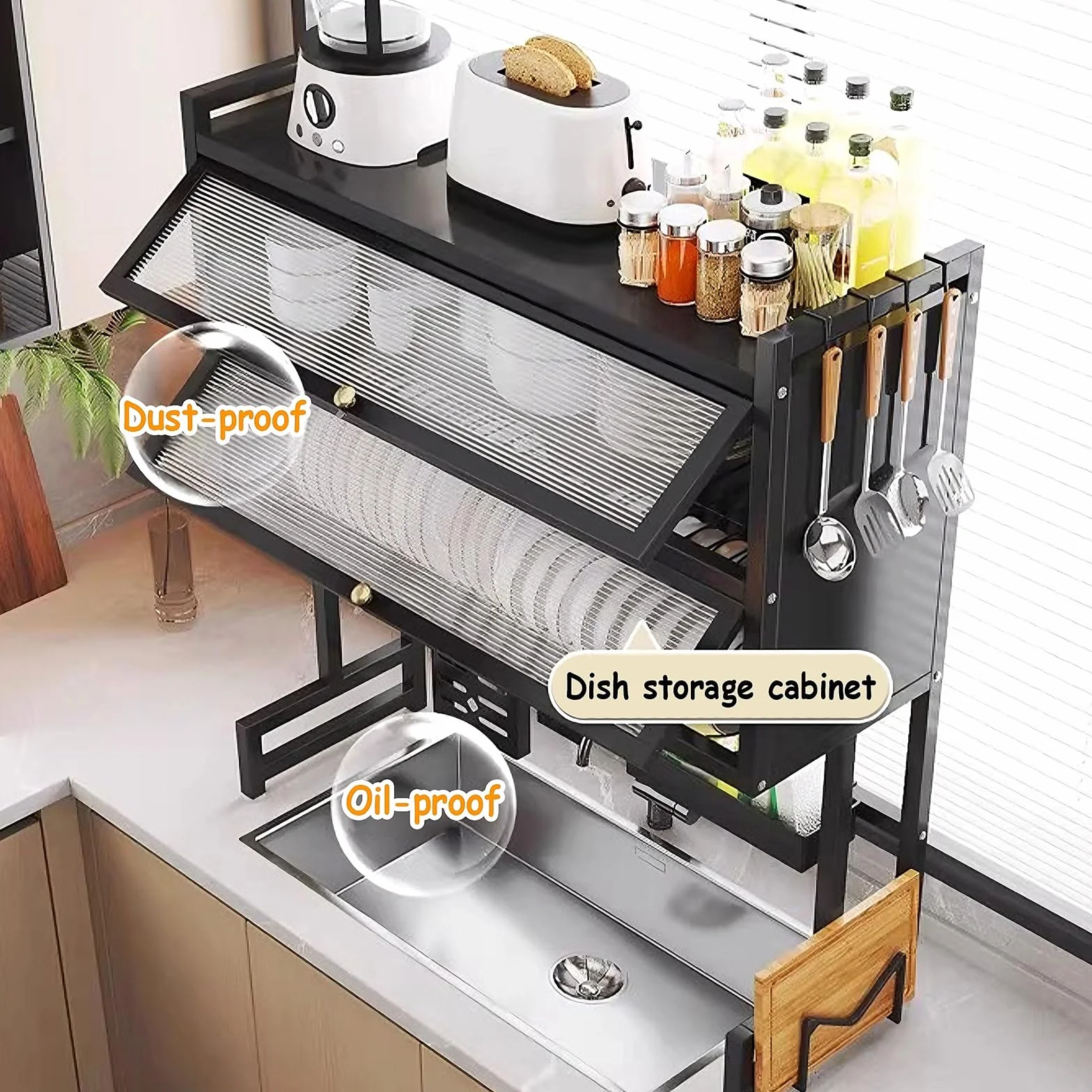 3 Poziomy Suszarka do Naczyń do Zlewu z Akrylowymi Drzwiczkami i Przyssawkami Duża Ociekacz do Naczyń Stal Węglowa Organizer do Zlewu Kuchennego(Black,75 * 28 * 102cm)