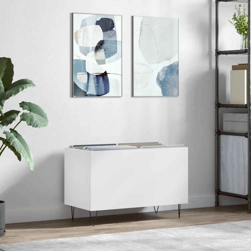 Biała szafka panelowa 74,5 x 38 x 48 cm, wykonana z materiału drewnopochodnego z żelaznymi nogami, do winylu, płyt winylowych, płyt winylowych, przestrzeni do przechowywania, stabilna