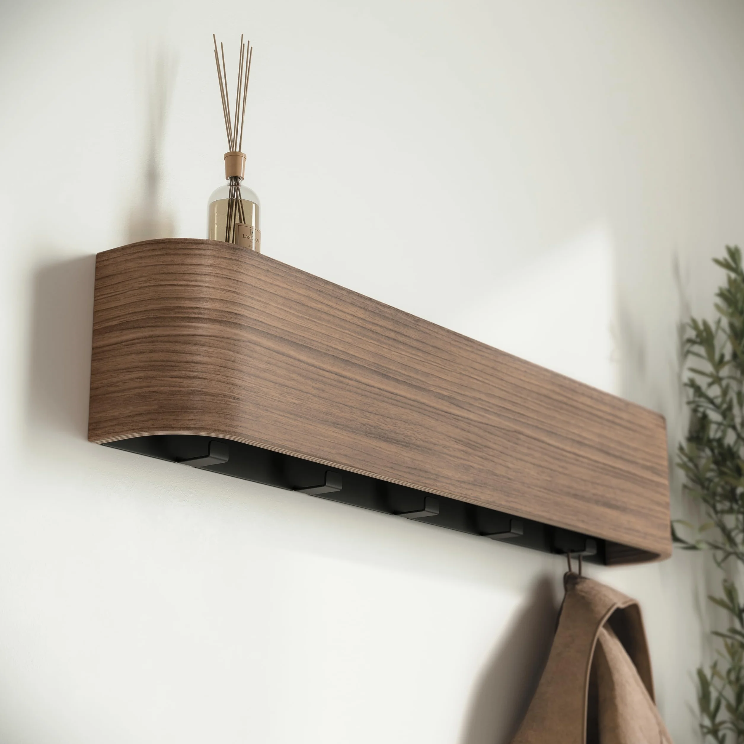 KAZAI. Wieszak na kurtki ścienny 'Toke' | Nowoczesny design z ukrytymi haczykami ściennymi | Panel z litego drewna fornirowanego | Orzech włoski