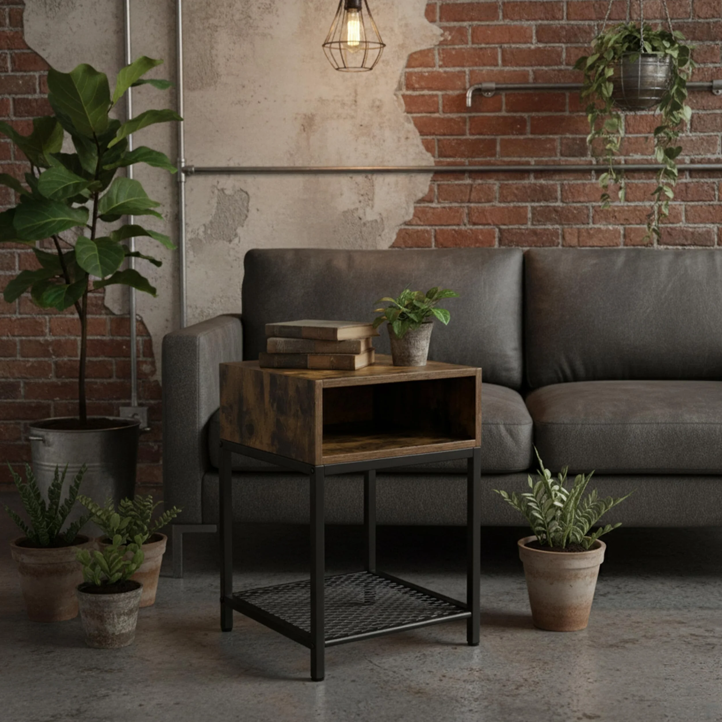 Relaxdays Stolik nocny 58 x 40 x 40 cm industrialny drewno metal ciemnobrązowy czarny