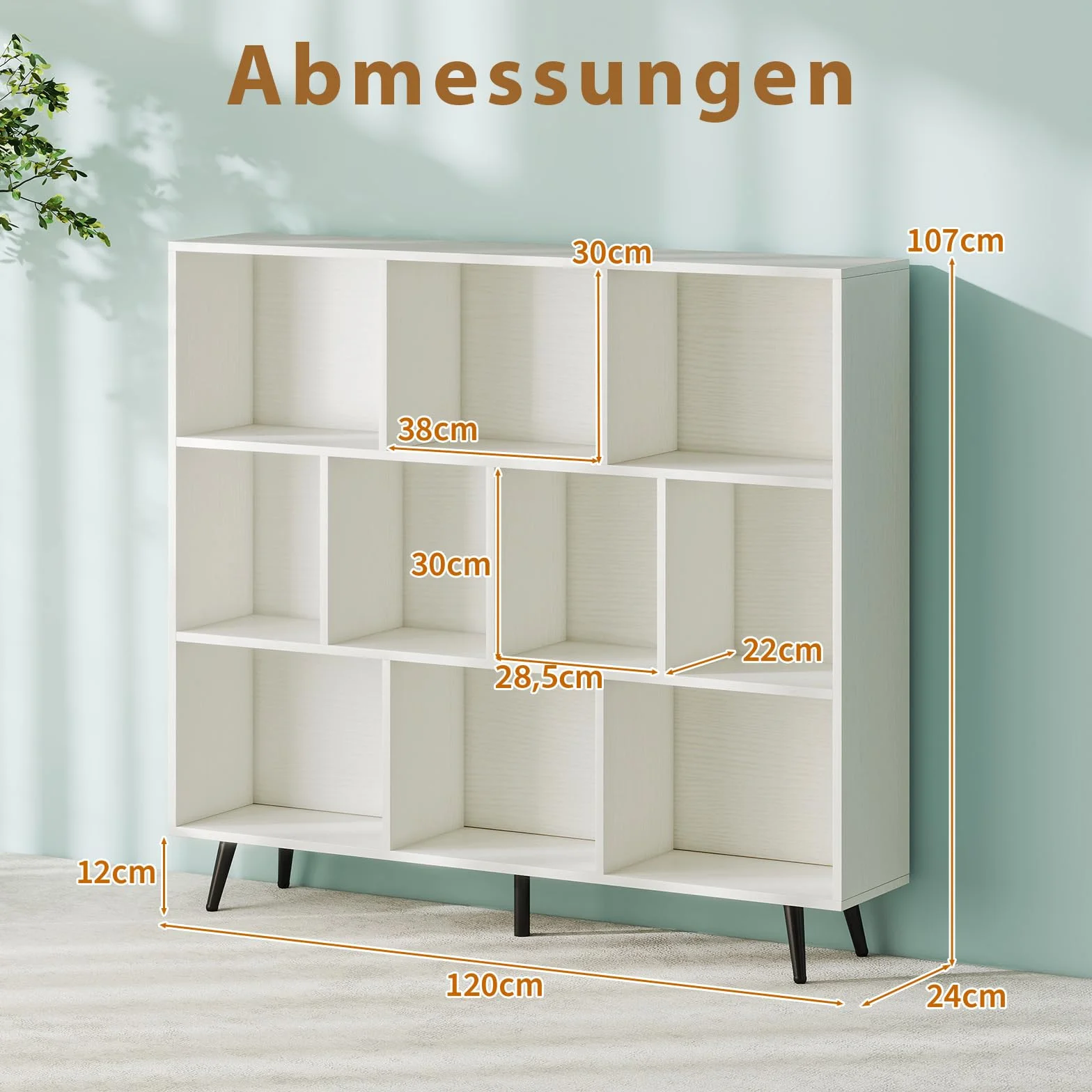 COSTWAY Regał na książki z przegródkami 3-poziomowy drewniane nogi 107 cm