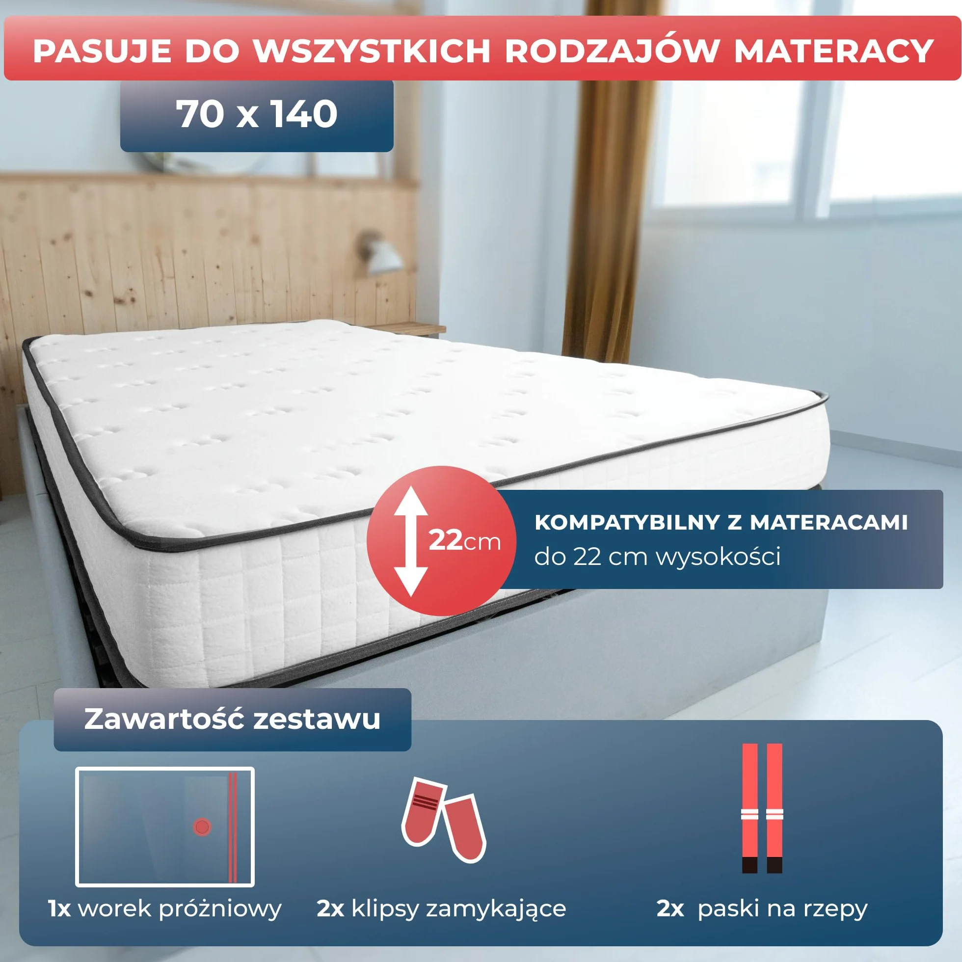 Worek Próżniowy na Materac 70x140cm Wodoodporny Zestaw z Klipsami i Paskami na Rzep