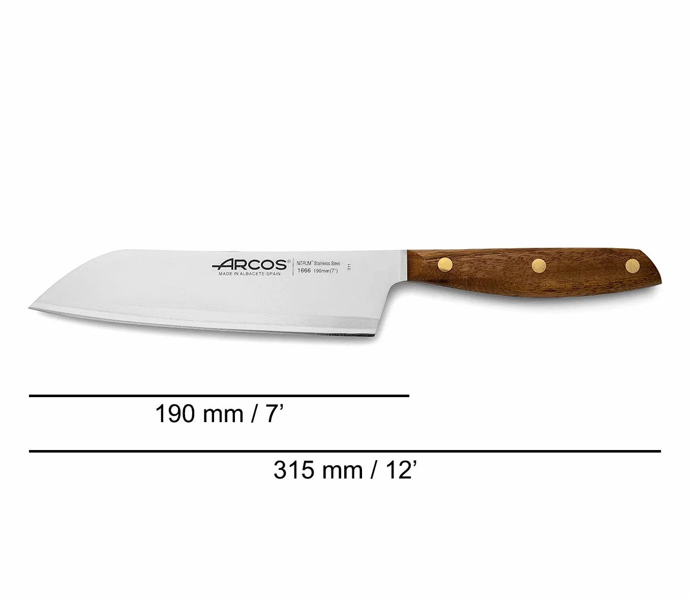ARCOS Noże Santoku i ze stali. Japoński nóż kuchenny do ryb, mięsa i warzyw. Uchwyt z drewna Ovengkol 100% naturalnego FSC i ostrze 190mm. Seria Nordika. Kolor brązowy.