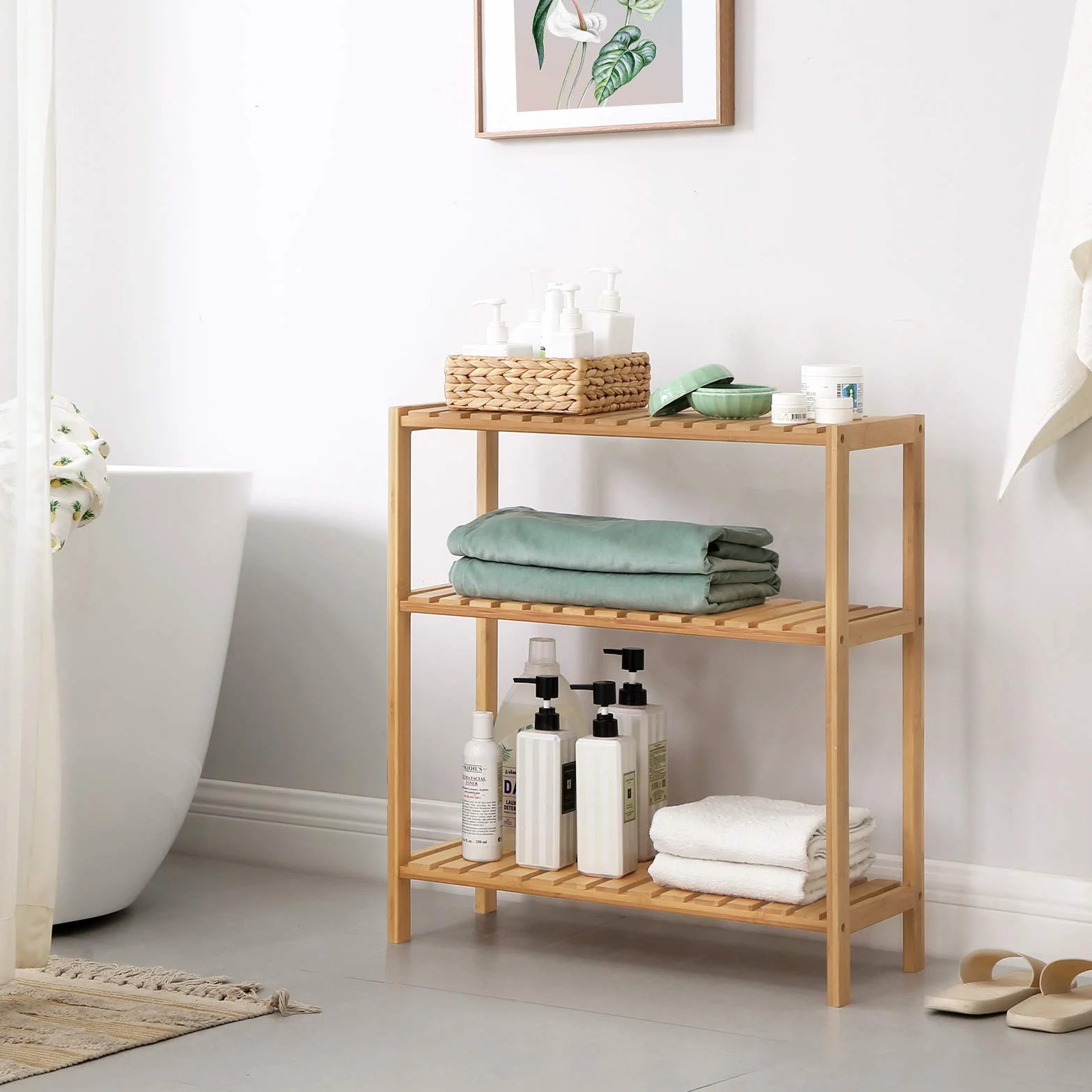 SONGMICS BCB33Y Regał bambusowy do łazienki, kuchni, regału na buty, 60 x 26 x 66 cm, idealny do łazienki, salonu, przedpokoju, kuchni lub balkonu.