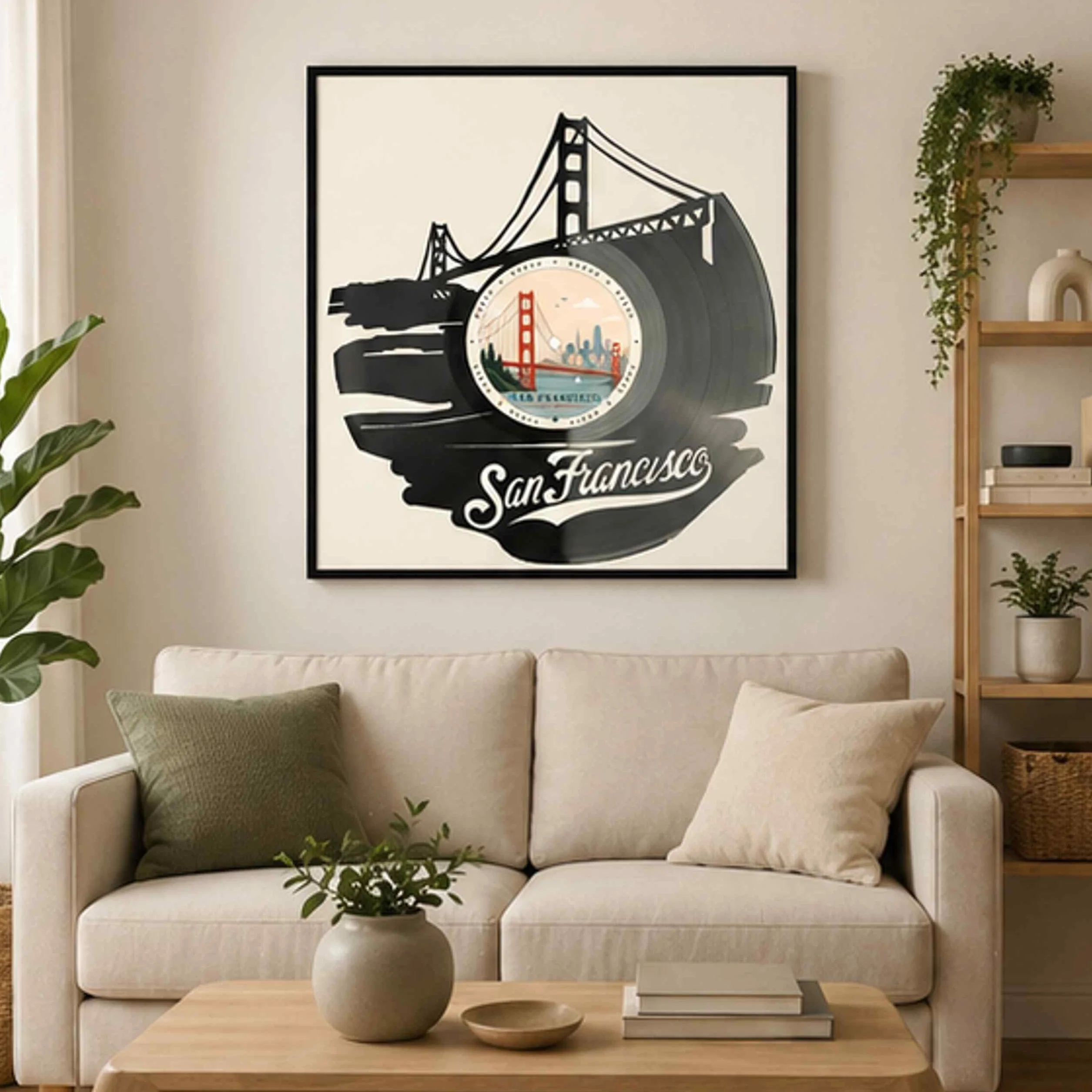 EVEVO Dekoracja ścienna z płyty gramofonowej w ramie 32 x 32 cm San Francisco - winylowa sztuka ścienna Kalifornia, prezent dla fanów USA, podróżników