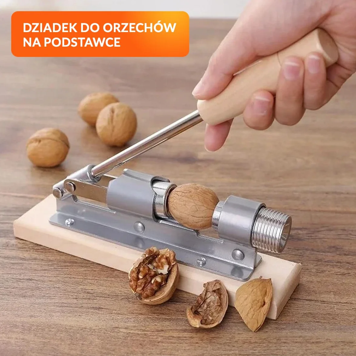 Rozstawny dziadek do orzechów ze stali nierdzewnej z drewnianą podstawą – wytrzymały przyrząd do usuwania skorupek i orzechów do kuchni – 20 cm