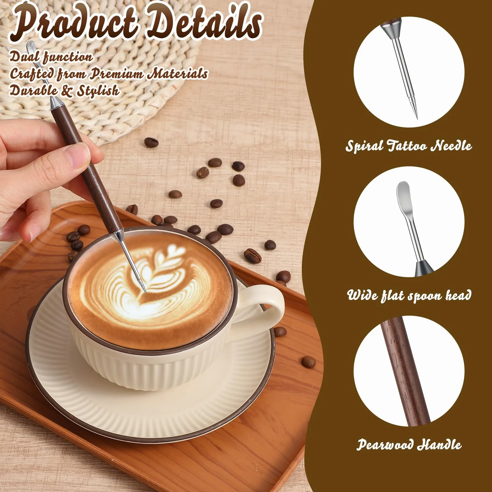 Długopisy do kawy, 2 sztuki, 16 cm, dwustronne pisaki latte art, ze stali nierdzewnej z drewnianym uchwytem, profesjonalne pisaki barista latte art, do cappuccino, latte, espresso, 2