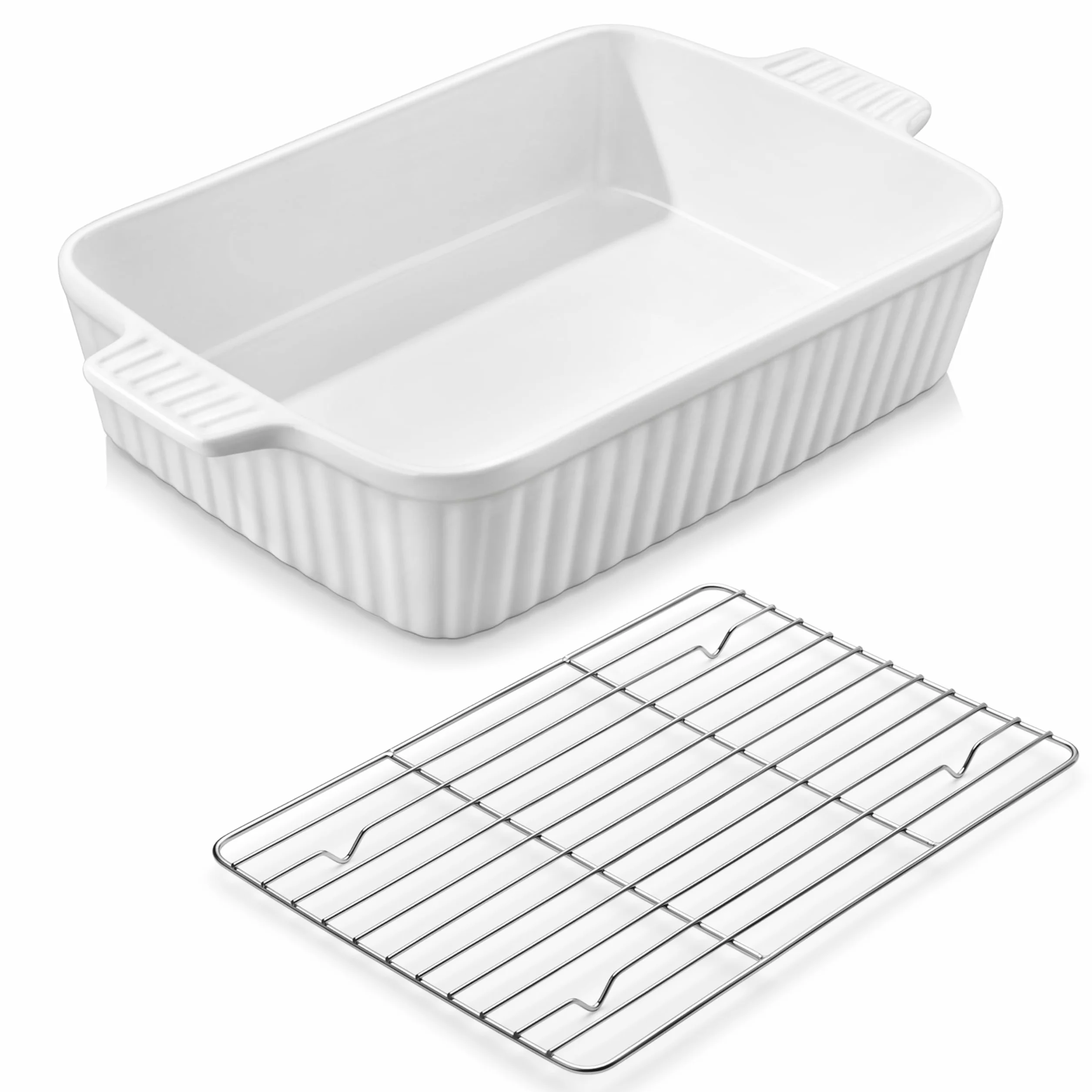 MALACASA Naczynie do pieczenia 4,15 L z rusztem, duże naczynie do zapiekanek 9x13, ceramiczna patelnia do pieczenia z rusztem, prostokątna głęboka patelnia do lasagne z uchwytami do pieczenia, trwała