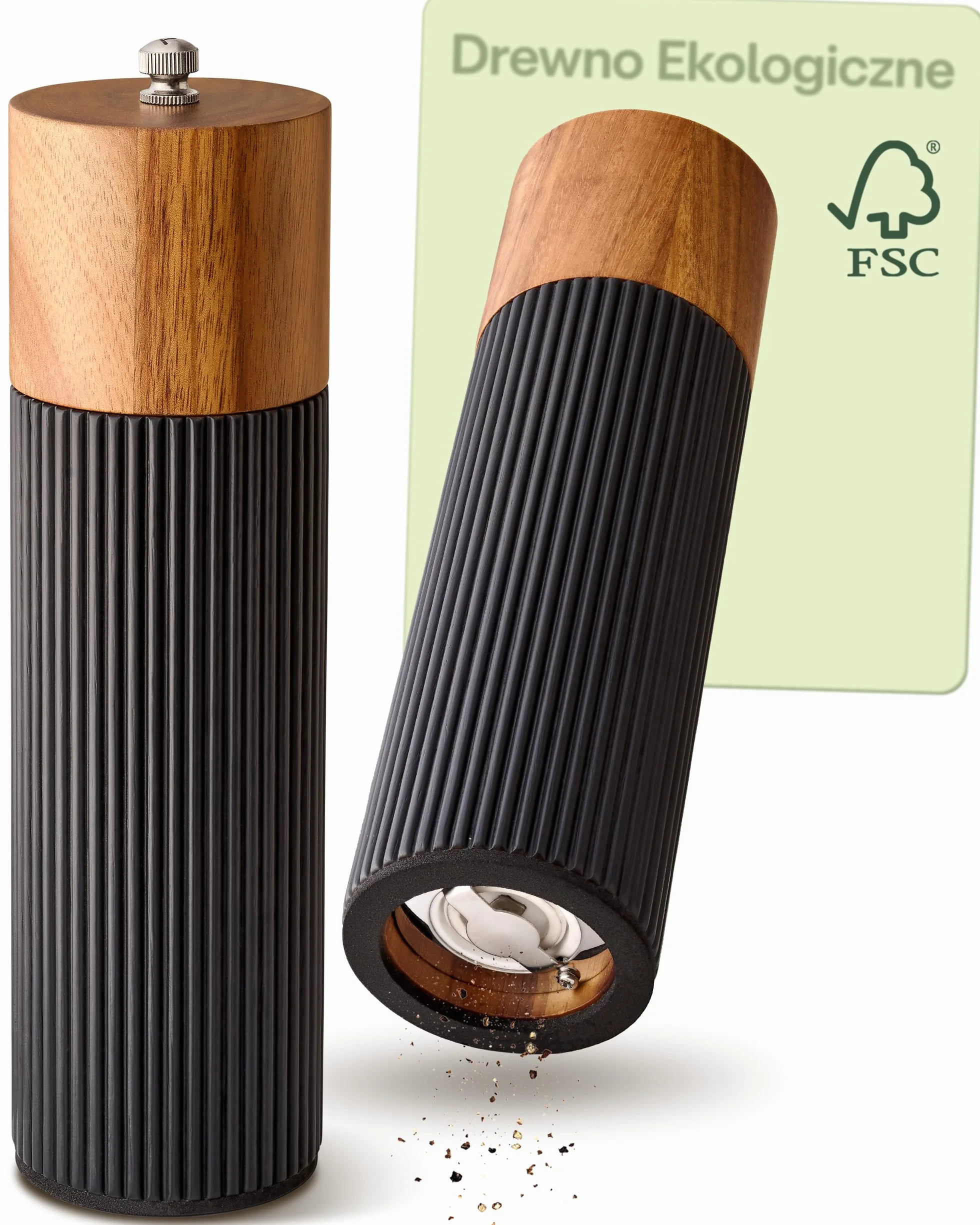 Praknu Zestaw Młynków Do Soli I Pieprzu Z Drewna Akacjowego FSC® – Elegancki Design Z Ceramicznym Mechanizmem – Płynna Regulacja I Trwałość – Czarny – Duży
