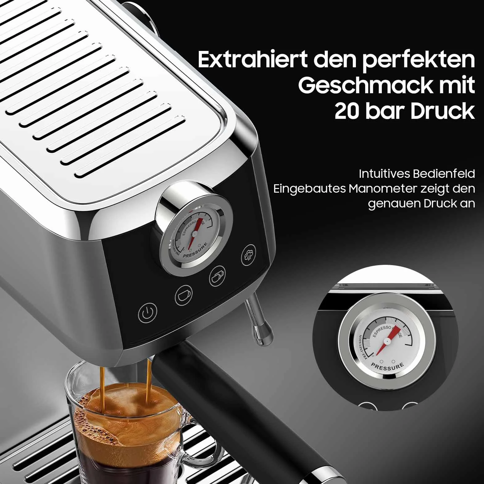 iceagle Ekspres do espresso CM1665B z włoską pompką 20 bar, sitko, stal nierdzewna, ekspres do kawy do cappuccino, latte, ekran dotykowy ze wskaźnikiem ciśnienia, zbiornik na wodę 1,3 l