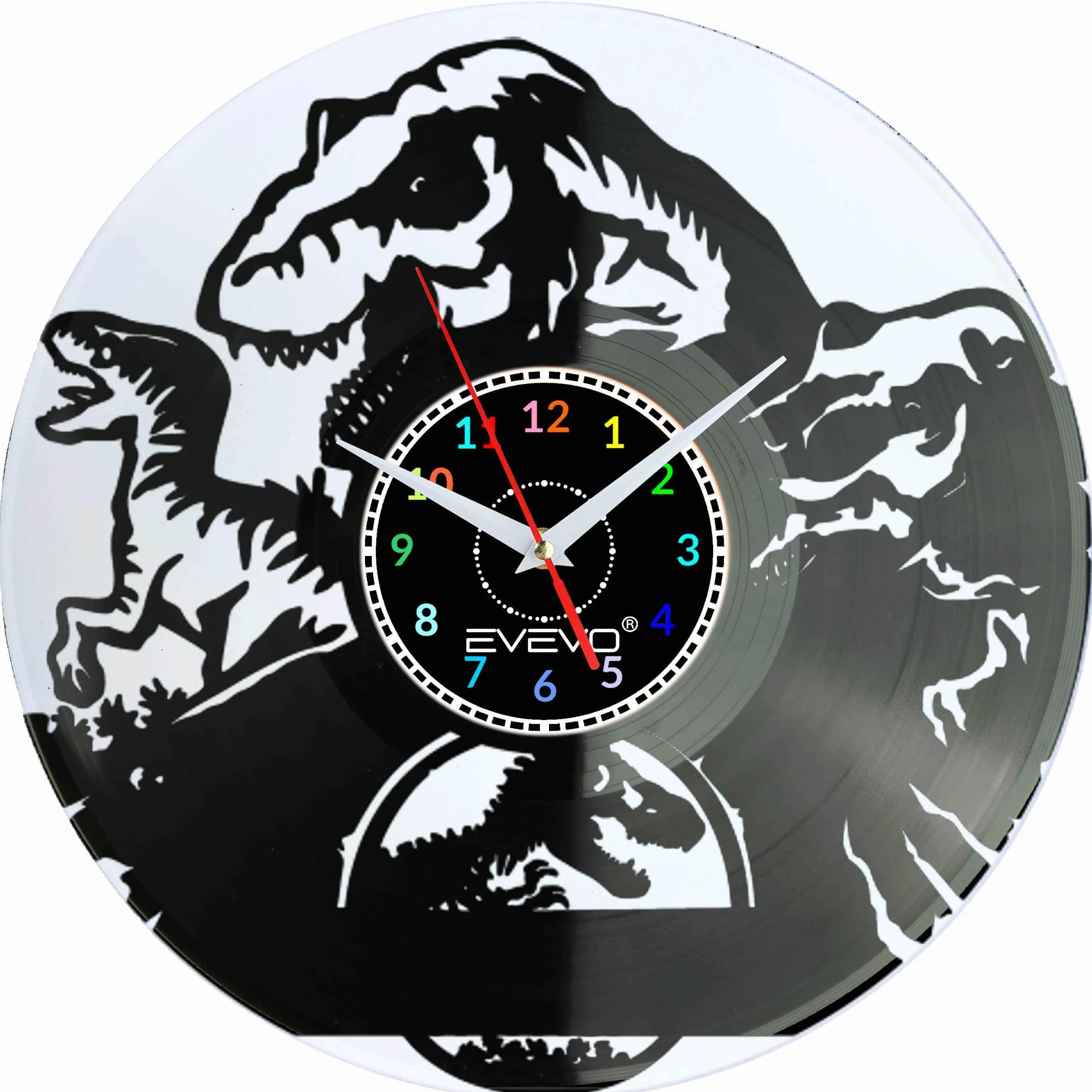 ZEGAR ŚCIENNY DINOZAUR RAPTOR REX GAD PREHISTORYCZNY FLUORESCENCYJNE TŁO PŁYTA WINYLOWA PREZENT UPOMINEK SOUVENIR EVEVO F0070