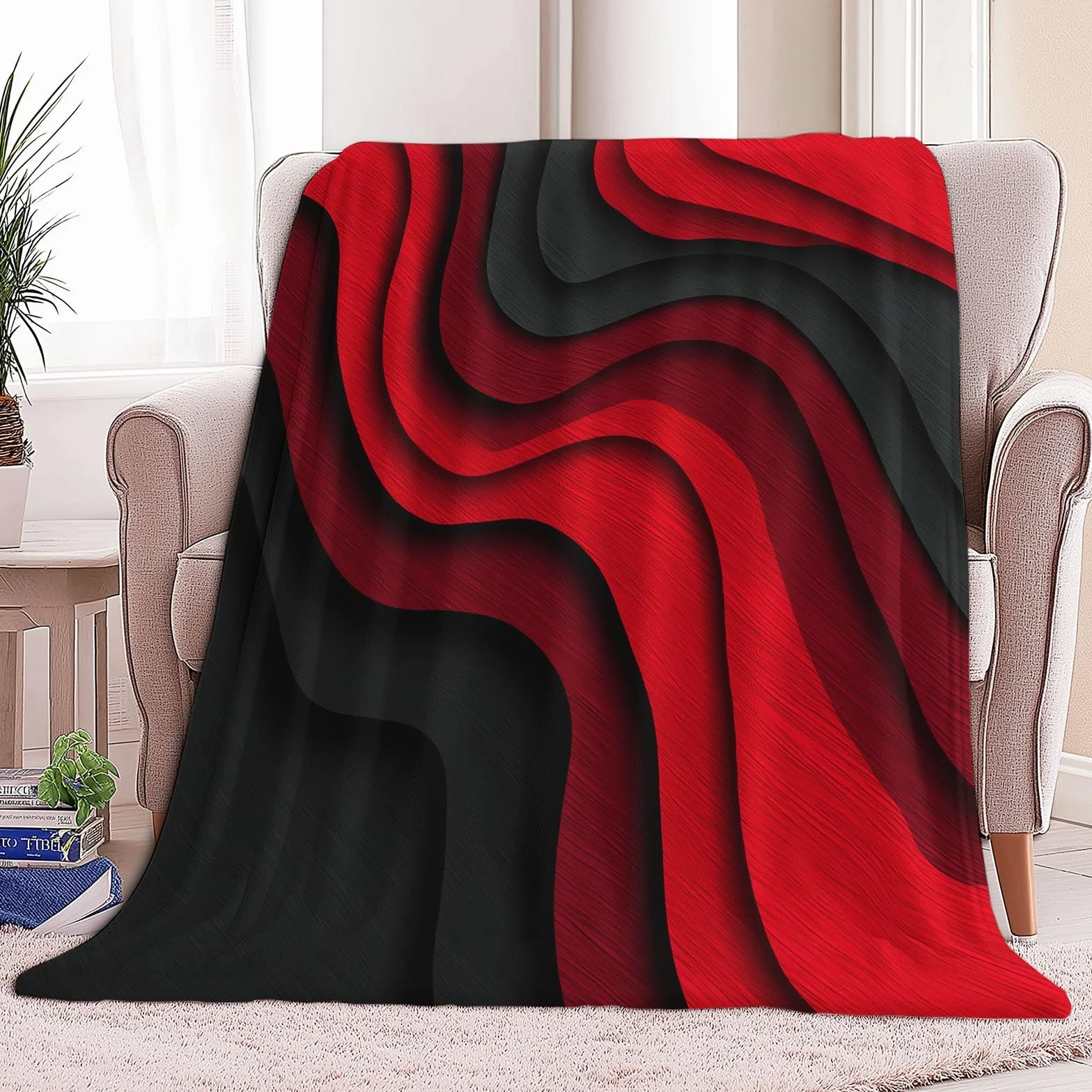 Flanelowy koc polarowy abstrakcyjne linie i prostota pled polarowy, narzuta na sofę Wygodny dwuosobowy koc na łóżko w kratę zimowy, 220 x 240 cm czerwono-czarny
