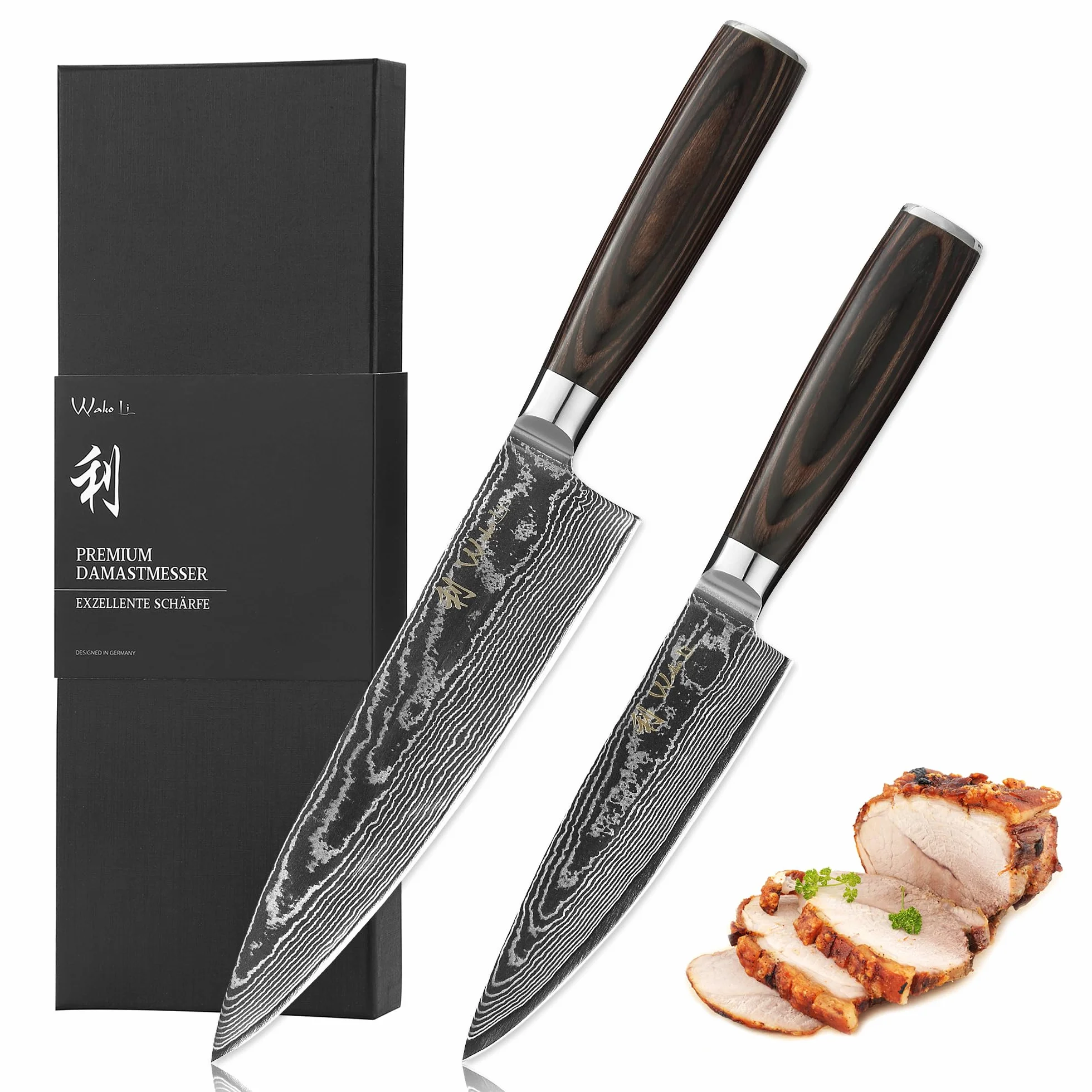Wakoli EDIB Essentials Santoku 2-częściowy zestaw noży kuchennych 30 i 24 cm ze stali damasceńskiej z 67 warstw stali damasceńskiej z uchwytem z drewna Pakka, nóż do warzyw w zestawie pudełko na