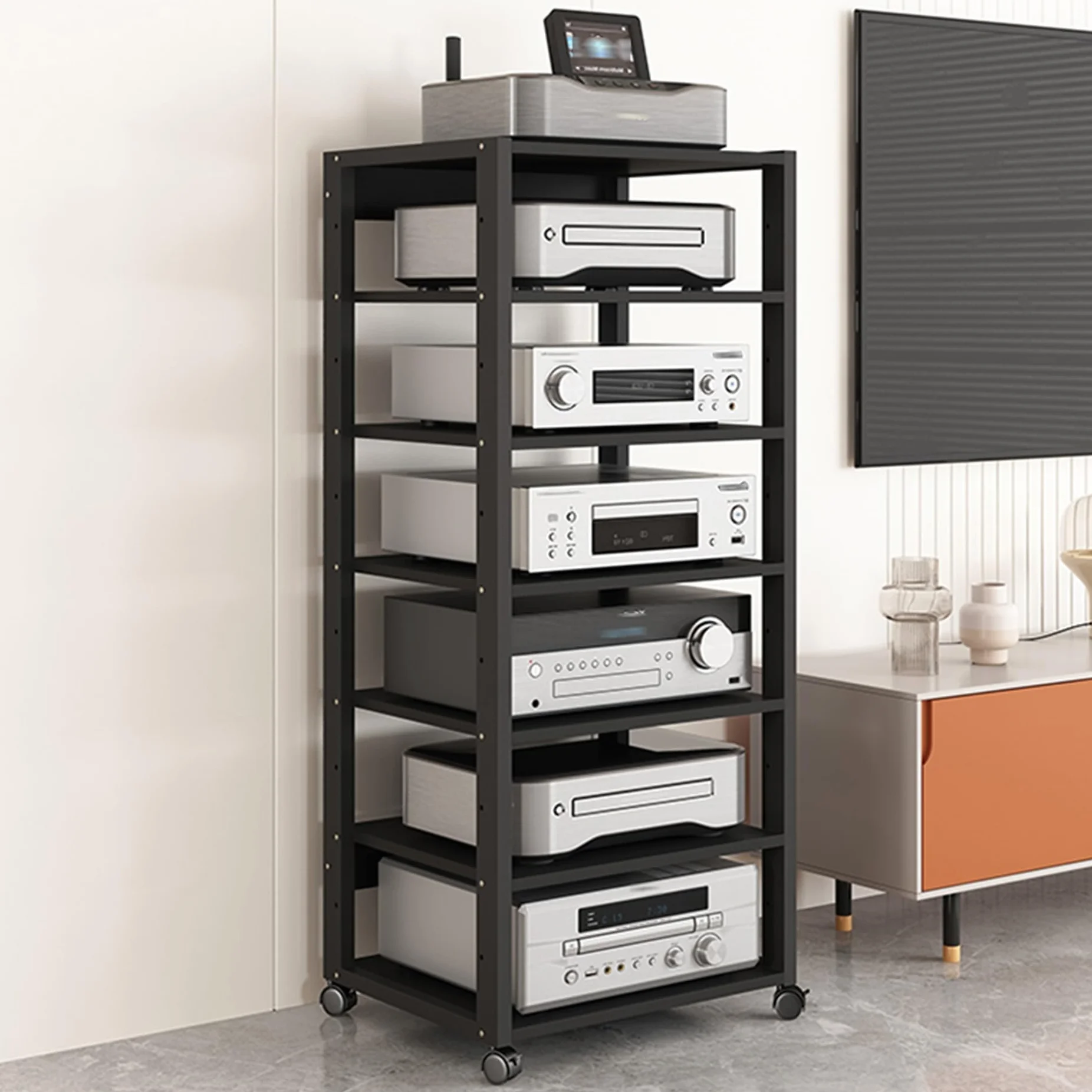 Regulowany stojak audio 6/7 – wieża multimedialna do elektroniki, ruchomy uchwyt na DVD i konsolę do gier, centrum rozrywki, szafka pod telewizor, czarny (50 x 40 x 131 cm)
