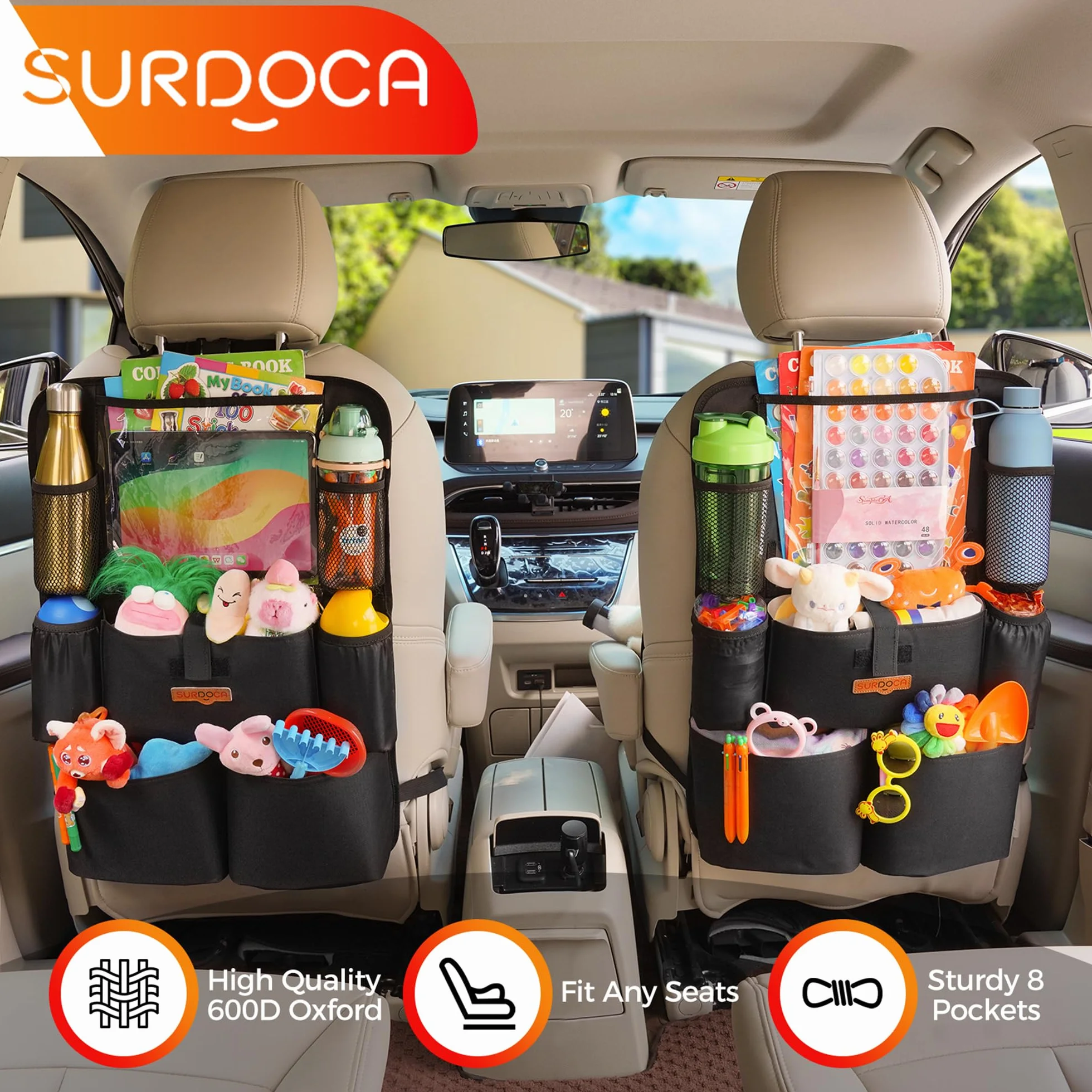 SURDOCA Organizer na fotel samochodowy – 4. generacji ulepszony organizer samochodowy na tylne siedzenie do 10,5 tablet i 9 kieszeni, przechowywanie zabawek dla dzieci, wodoszczelny (1 PC, Czarny)