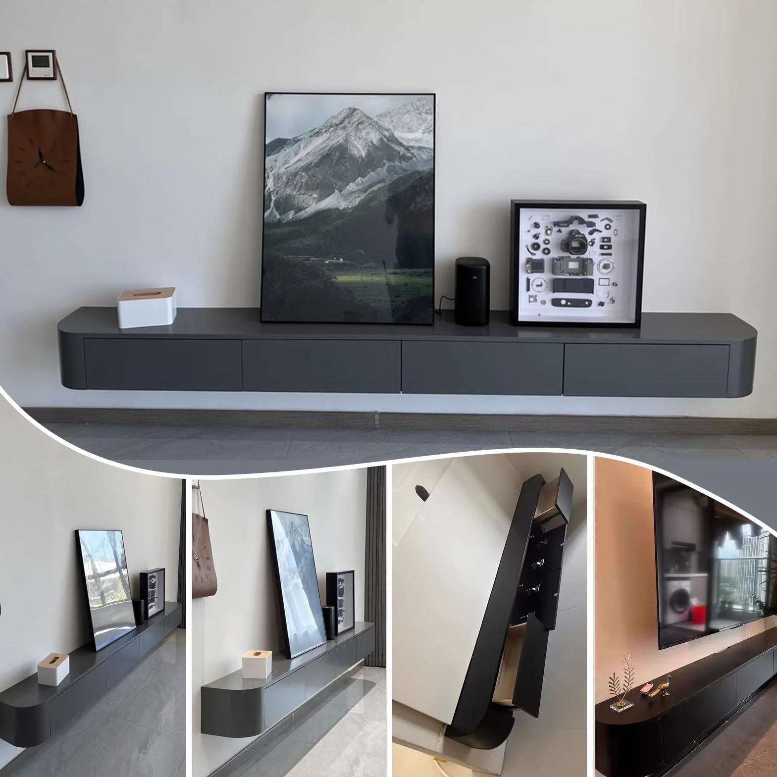 Floating TV Stand Wall Mounted TV Cabinet With Door & Drawer 200x24x20cm