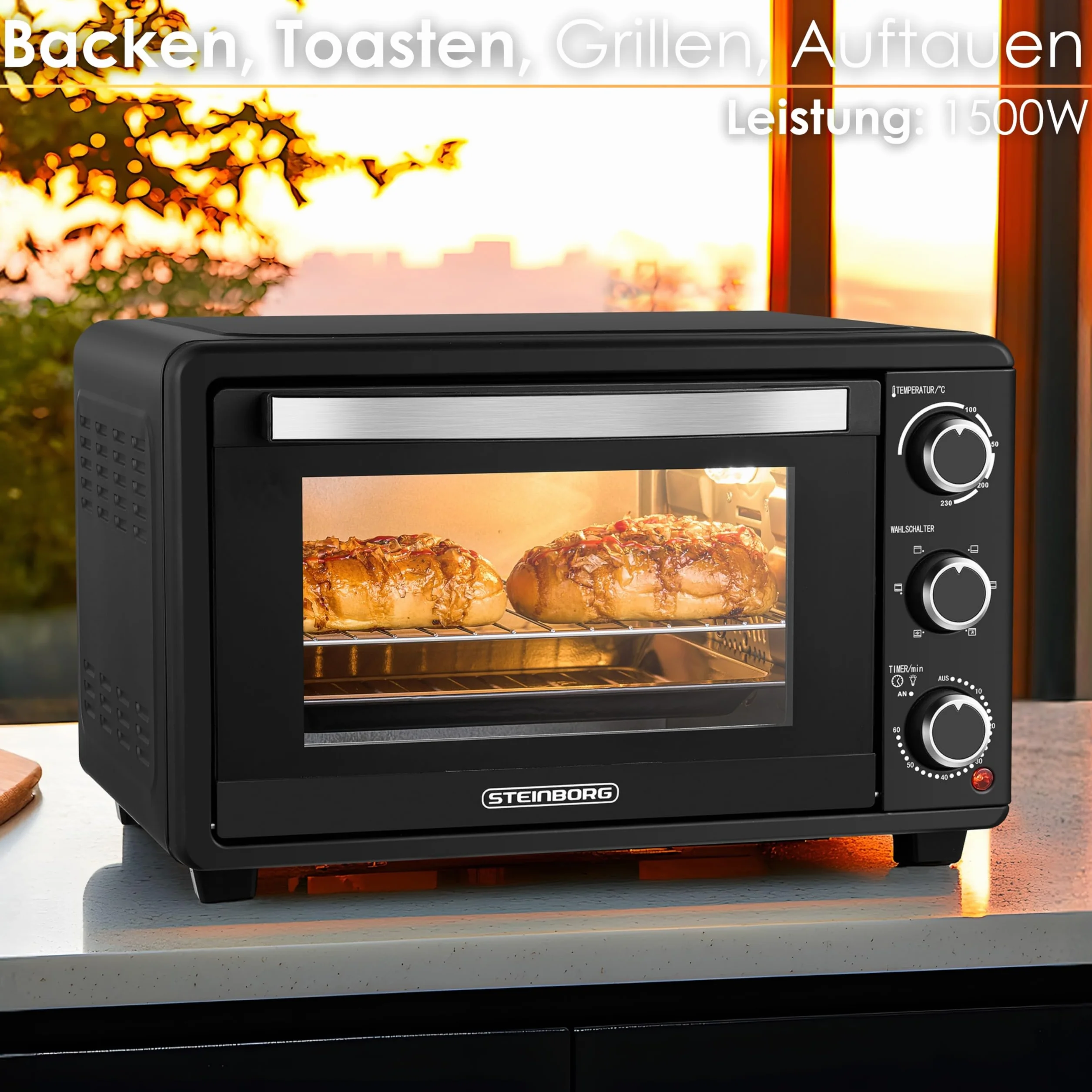 Steinborg Mini piekarnik z termoobiegiem, 25 litrów, elektryczny piec do pizzy, mini piekarnik 3 w 1, blacha na okruchy, ogrzewanie górne/dolne, energooszczędny 100-230°C, 60 min timer